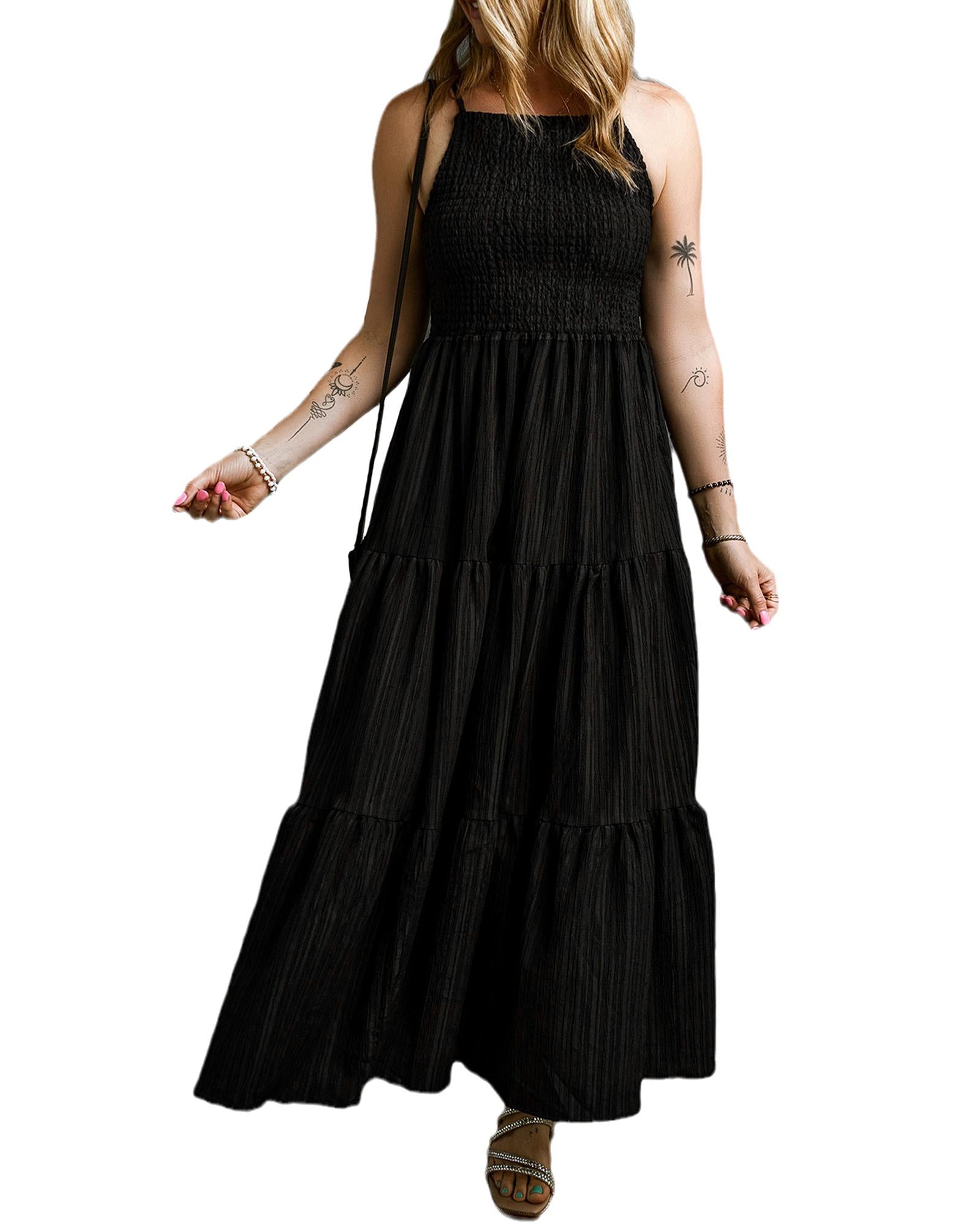 Black Spaghetti Straps Smocked Pleated Tiered Maxi Dress - S