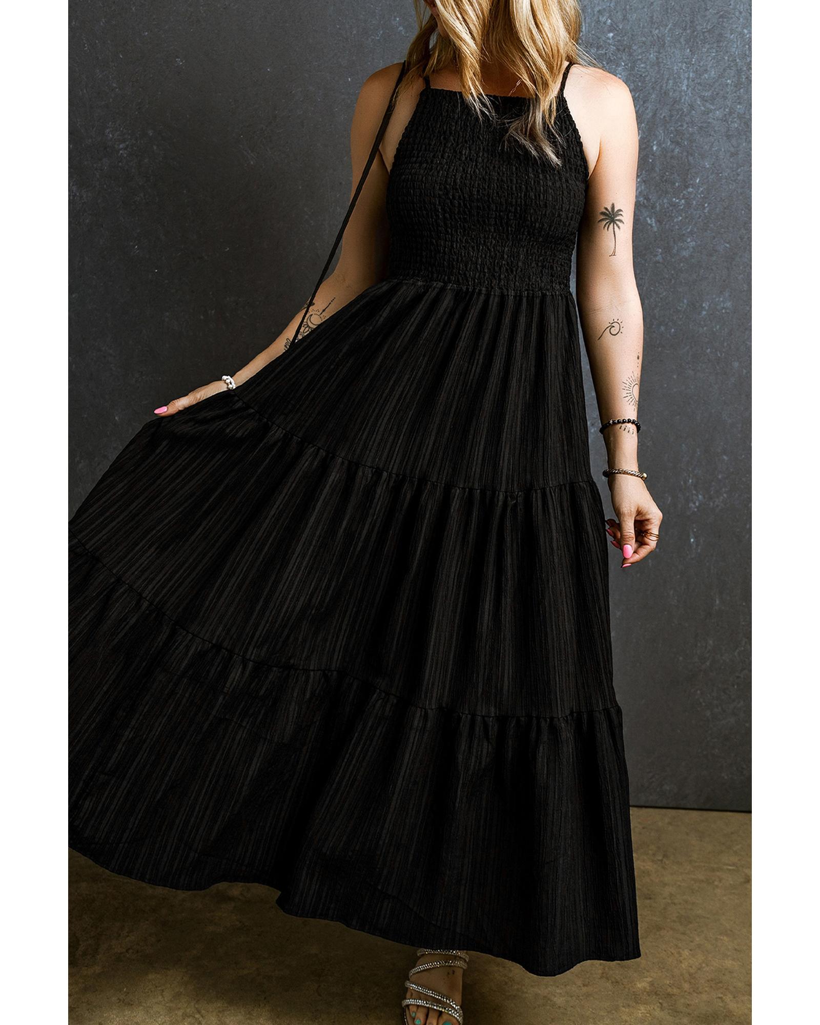 Black Spaghetti Straps Smocked Pleated Tiered Maxi Dress - S