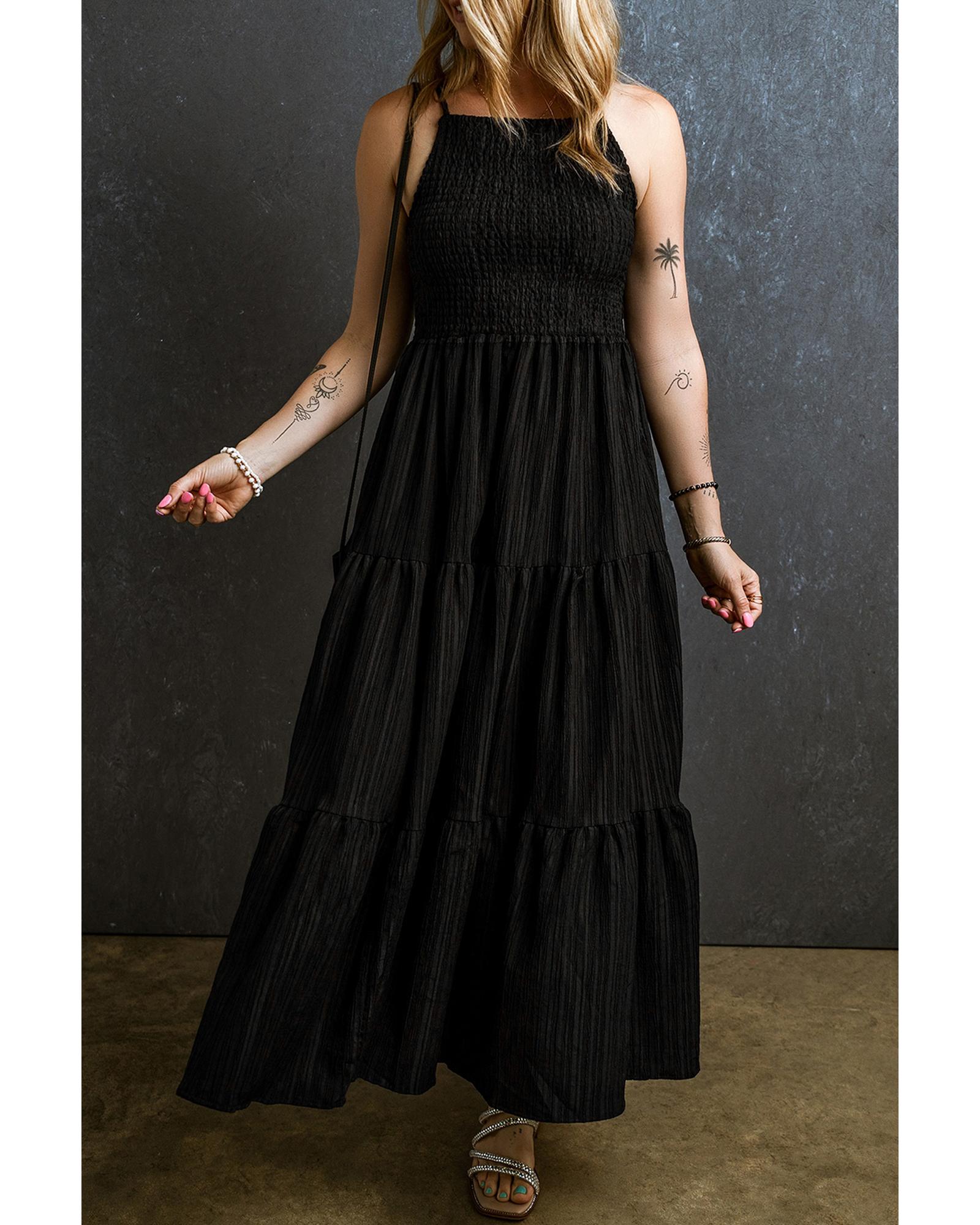 Black Spaghetti Straps Smocked Pleated Tiered Maxi Dress - S 5