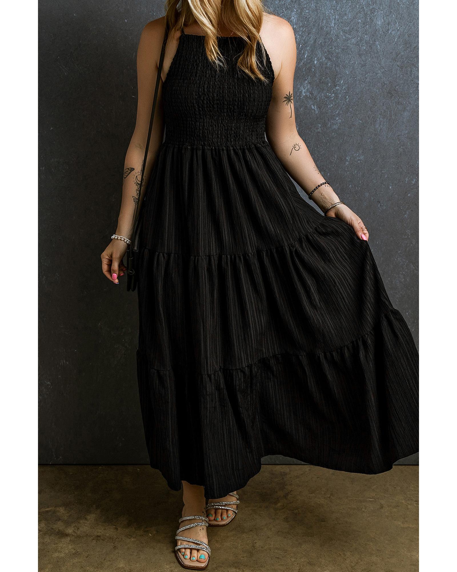 Black Spaghetti Straps Smocked Pleated Tiered Maxi Dress - S 6