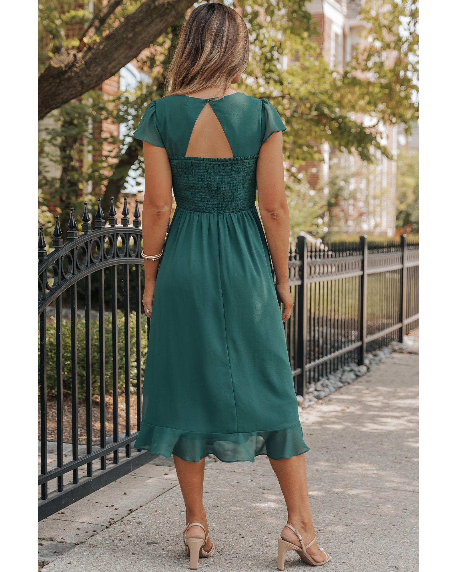 Sea Green Shirred Open Back Sweetheart Neck Ruffled Midi Dress - M