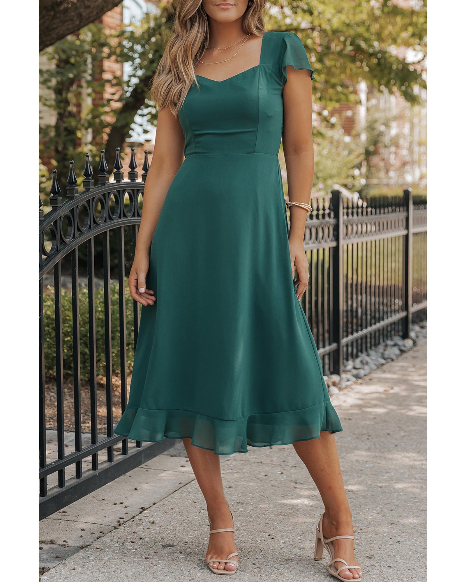 Sea Green Shirred Open Back Sweetheart Neck Ruffled Midi Dress - M