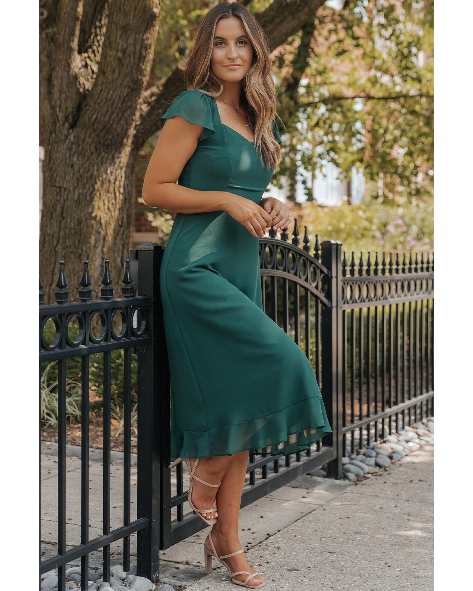 Sea Green Shirred Open Back Sweetheart Neck Ruffled Midi Dress - M 3