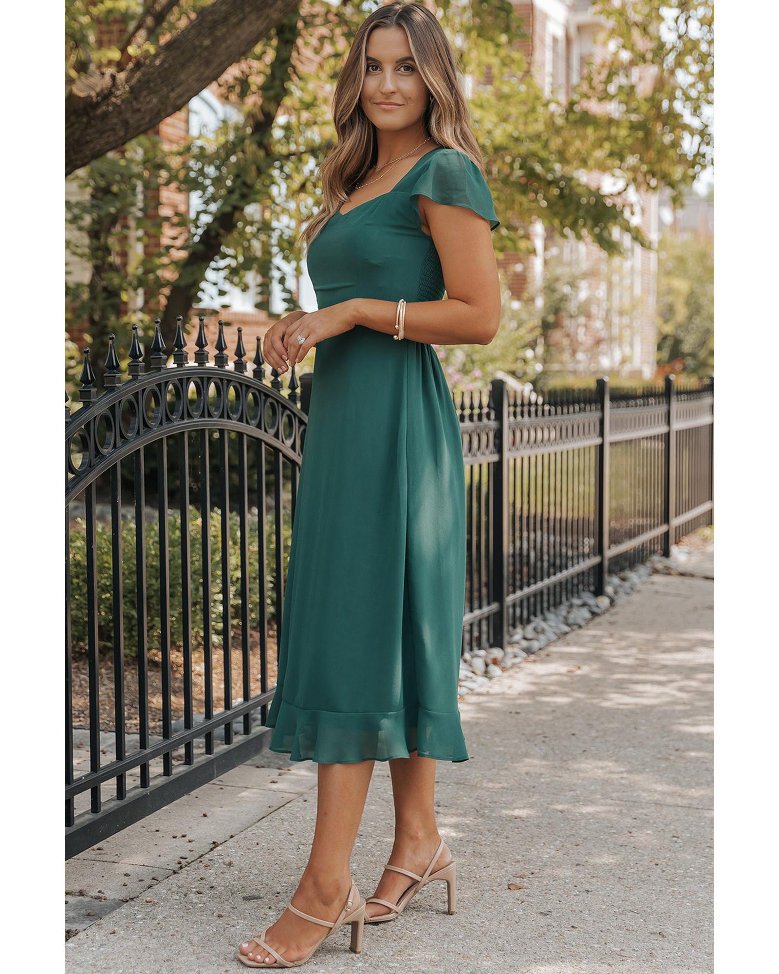Sea Green Shirred Open Back Sweetheart Neck Ruffled Midi Dress - S