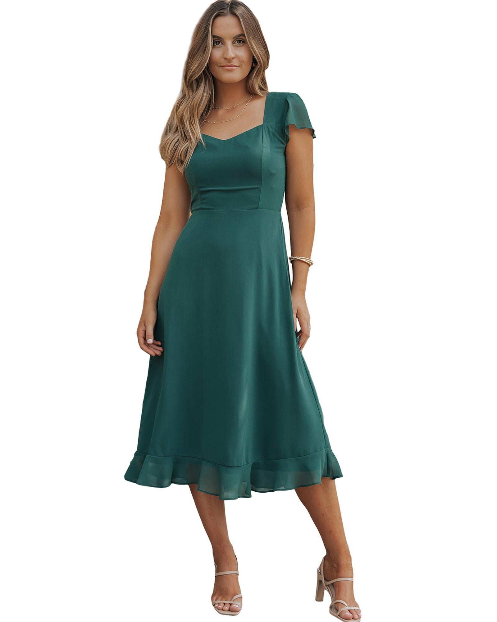 Sea Green Shirred Open Back Sweetheart Neck Ruffled Midi Dress - S 3