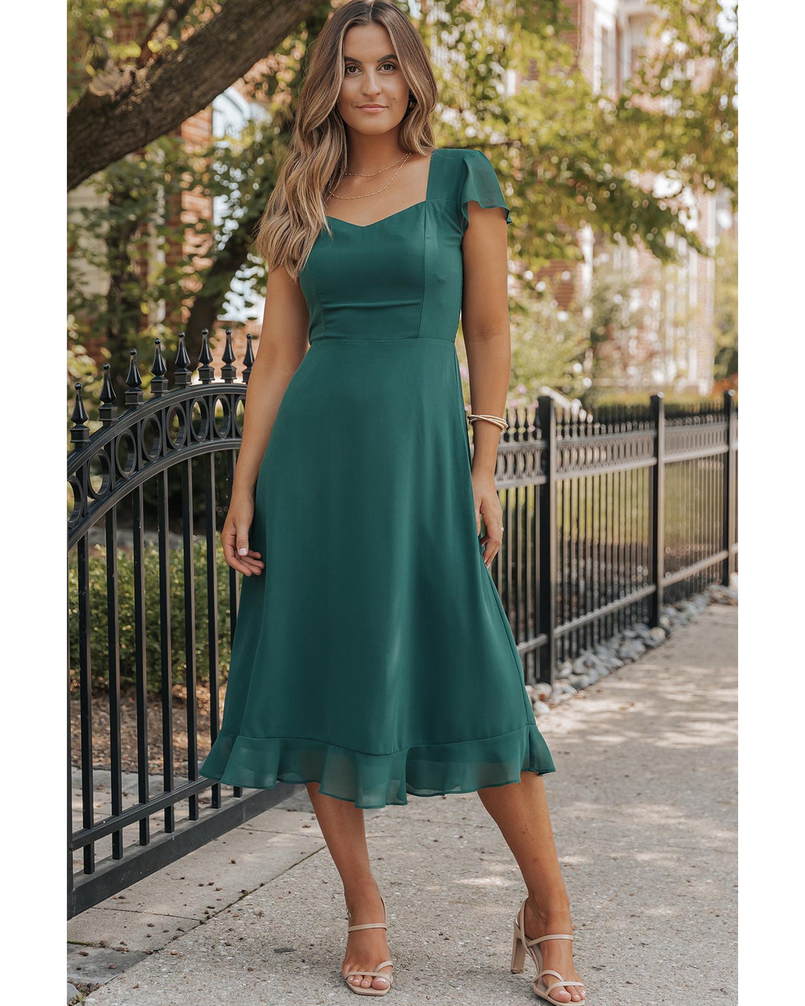 Sea Green Shirred Open Back Sweetheart Neck Ruffled Midi Dress - S 5