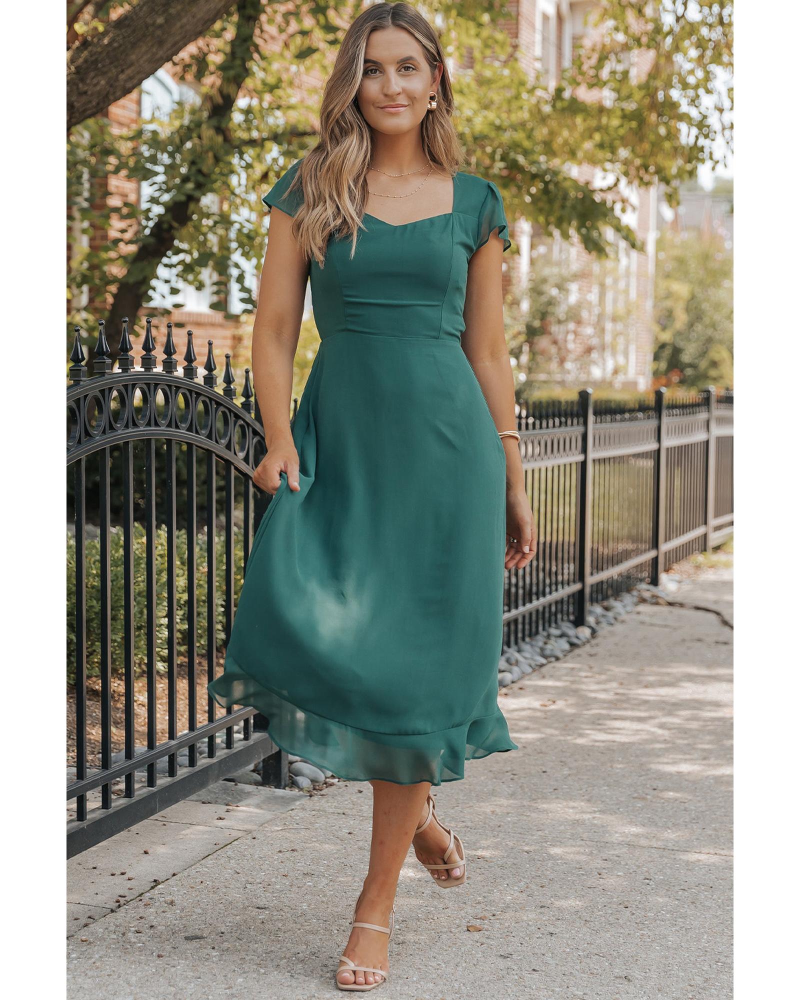 Sea Green Shirred Open Back Sweetheart Neck Ruffled Midi Dress - S 7