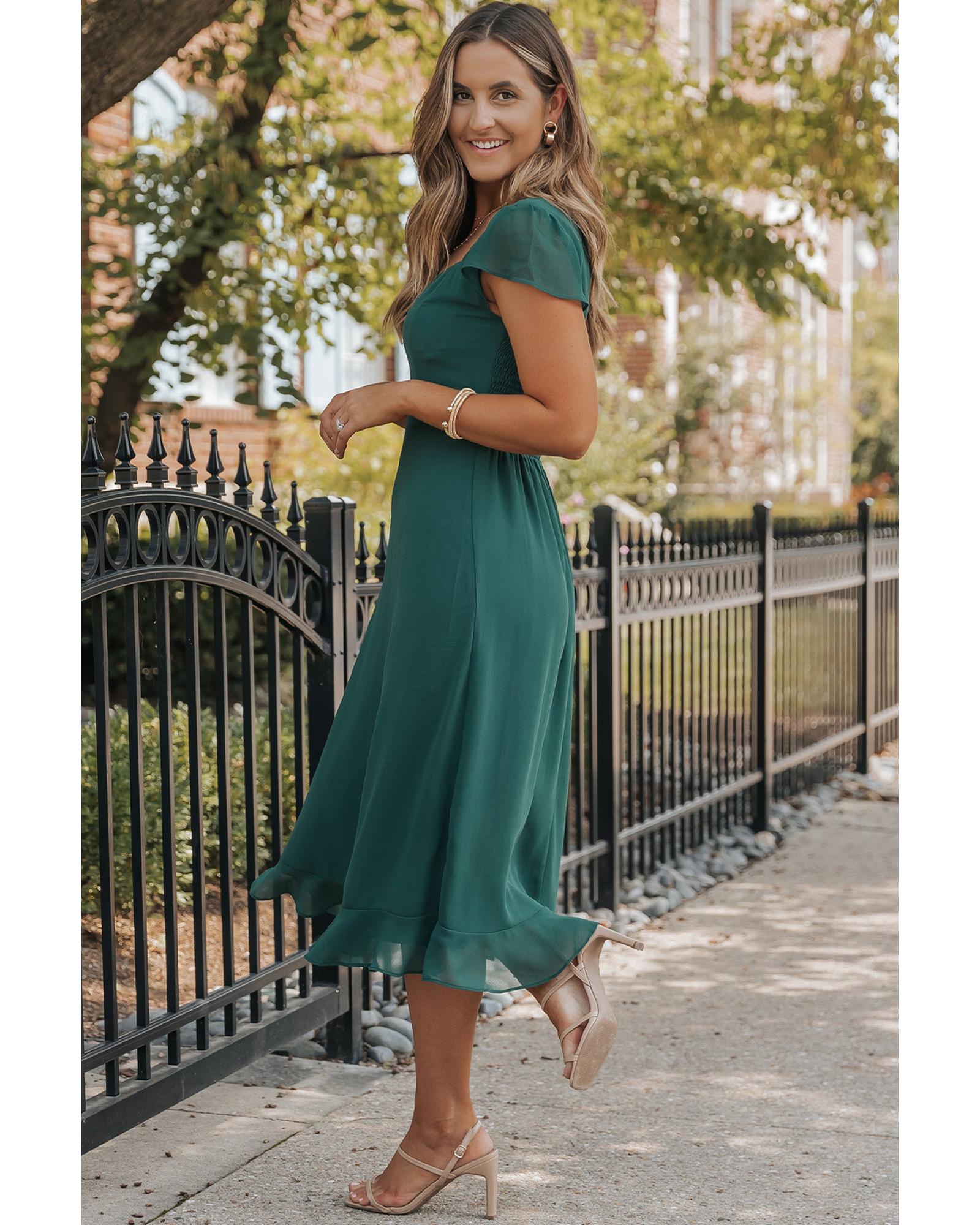 Sea Green Shirred Open Back Sweetheart Neck Ruffled Midi Dress - S 8
