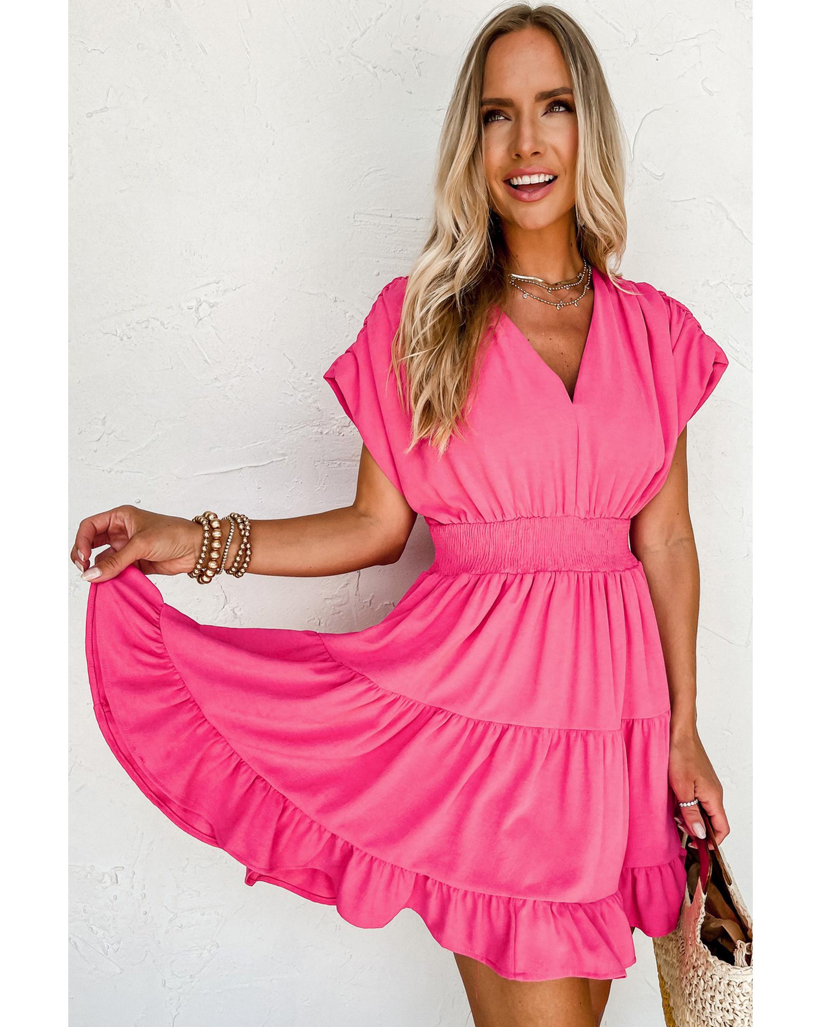 Strawberry Pink Ruched Sleeve V Neck Smock Waist Tiered Ruffled Dress - L 3