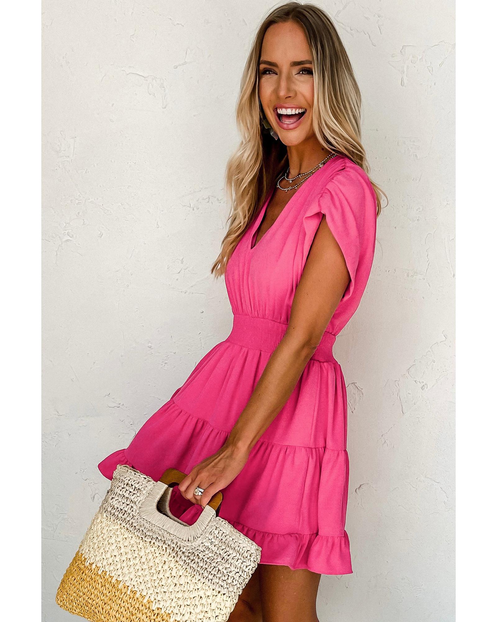 Strawberry Pink Ruched Sleeve V Neck Smock Waist Tiered Ruffled Dress - L 4