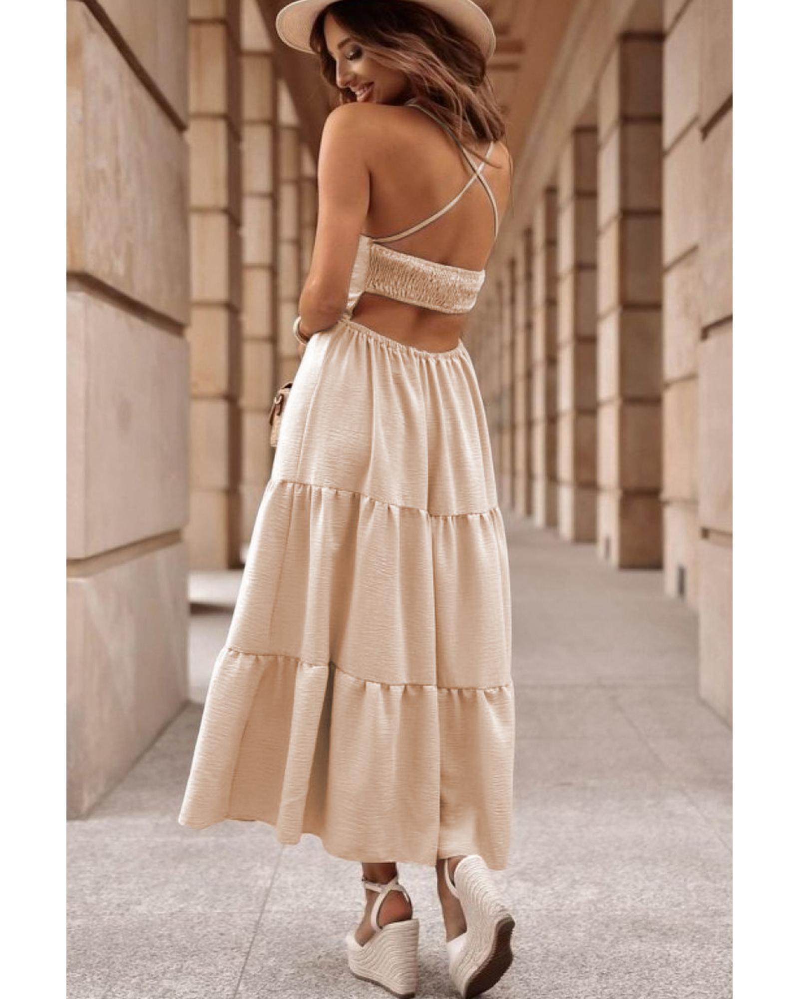 Oatmeal Crossover Backless Bodice Tiered Maxi Dress - L 5