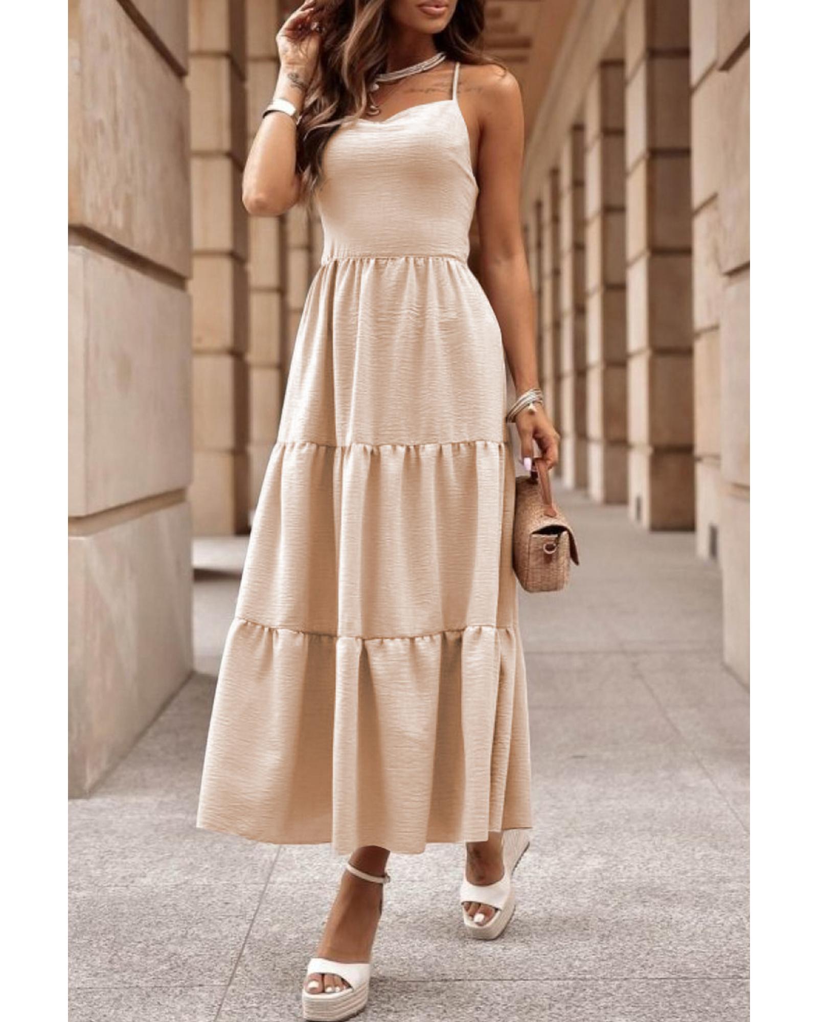 Oatmeal Crossover Backless Bodice Tiered Maxi Dress - XL 3