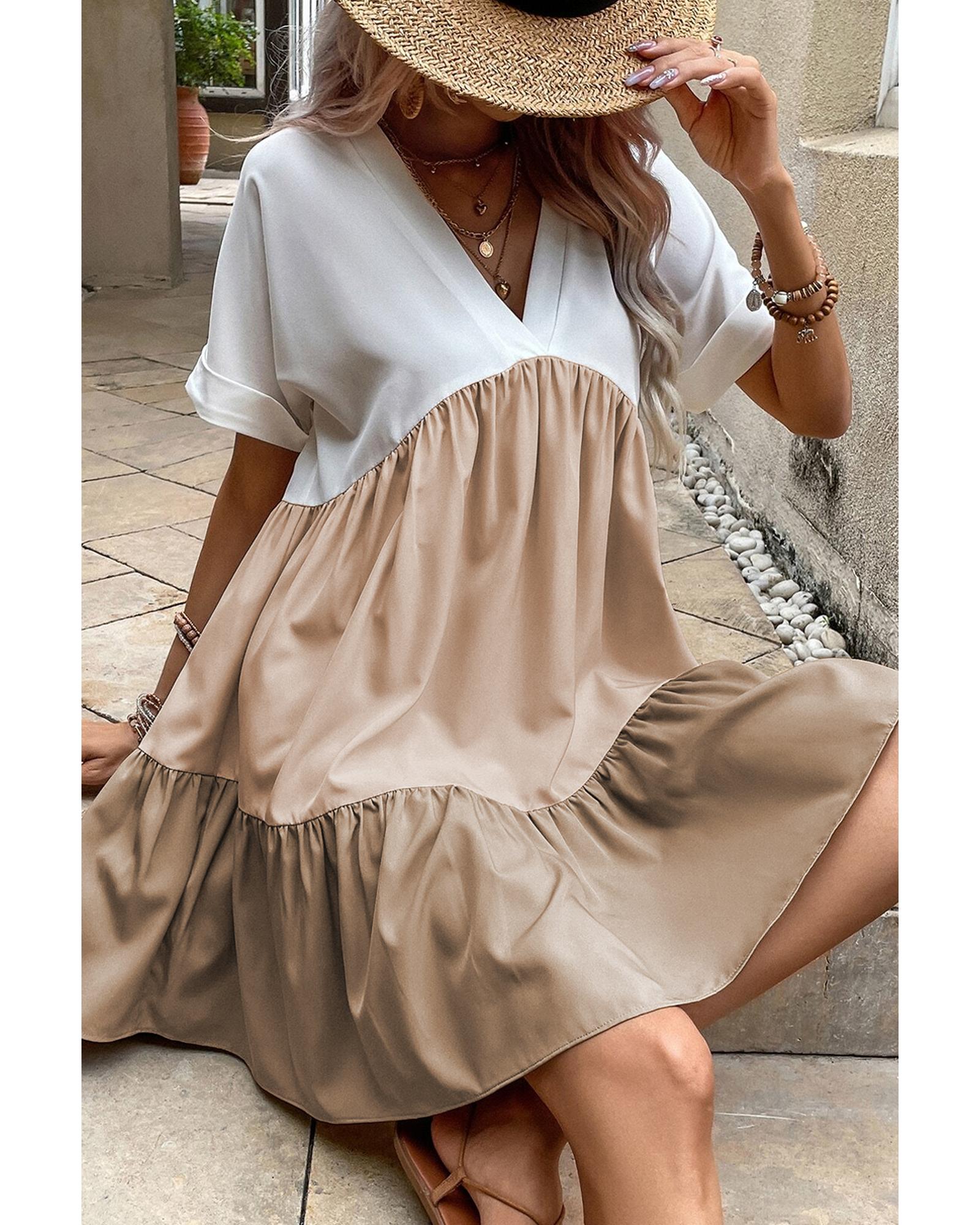 Light French Beige Triple Colors V Neck Folded Cuffs Tiered Loose Dress - L