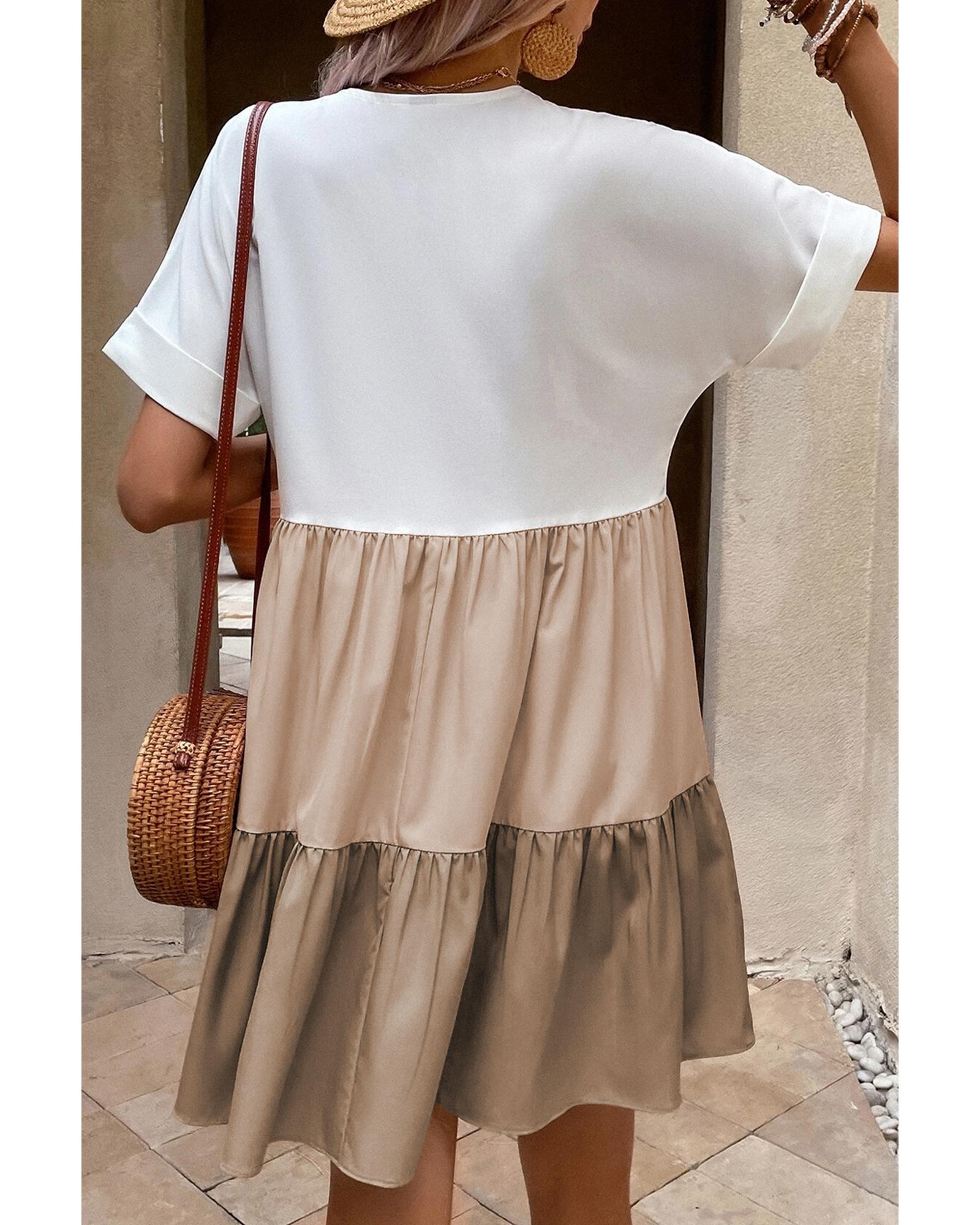 Light French Beige Triple Colors V Neck Folded Cuffs Tiered Loose Dress - L 4