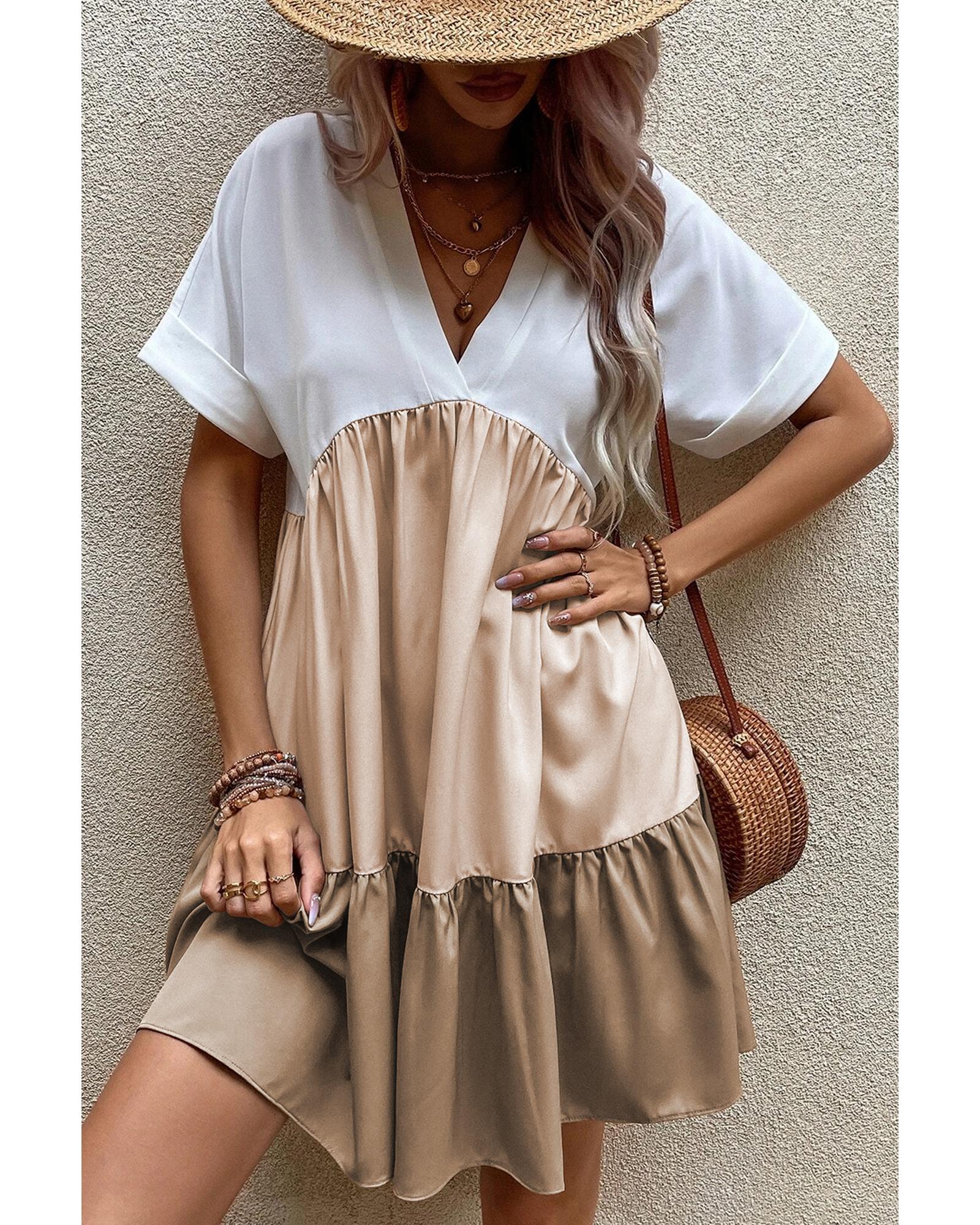 Light French Beige Triple Colors V Neck Folded Cuffs Tiered Loose Dress - L 5