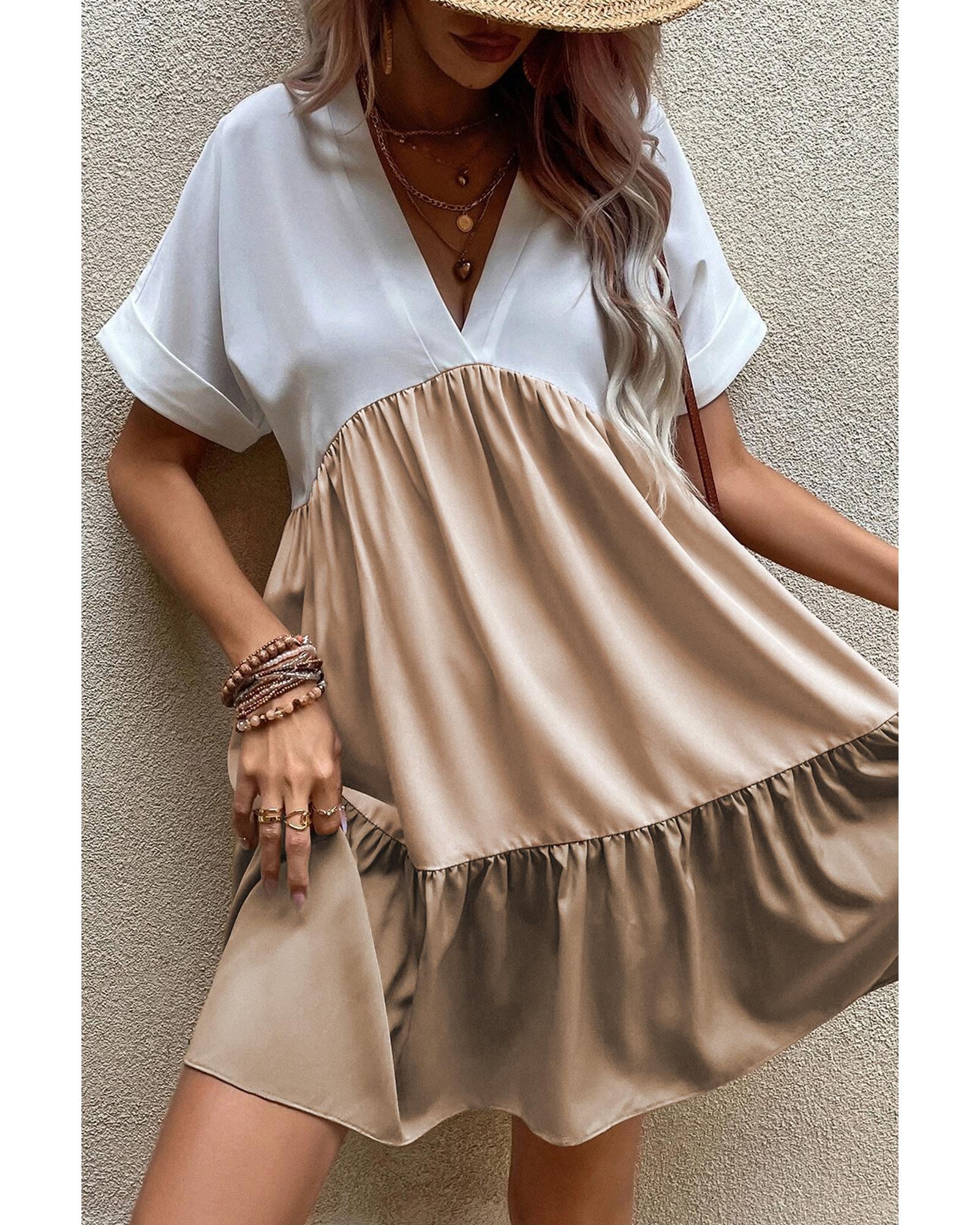 Light French Beige Triple Colors V Neck Folded Cuffs Tiered Loose Dress - M 3
