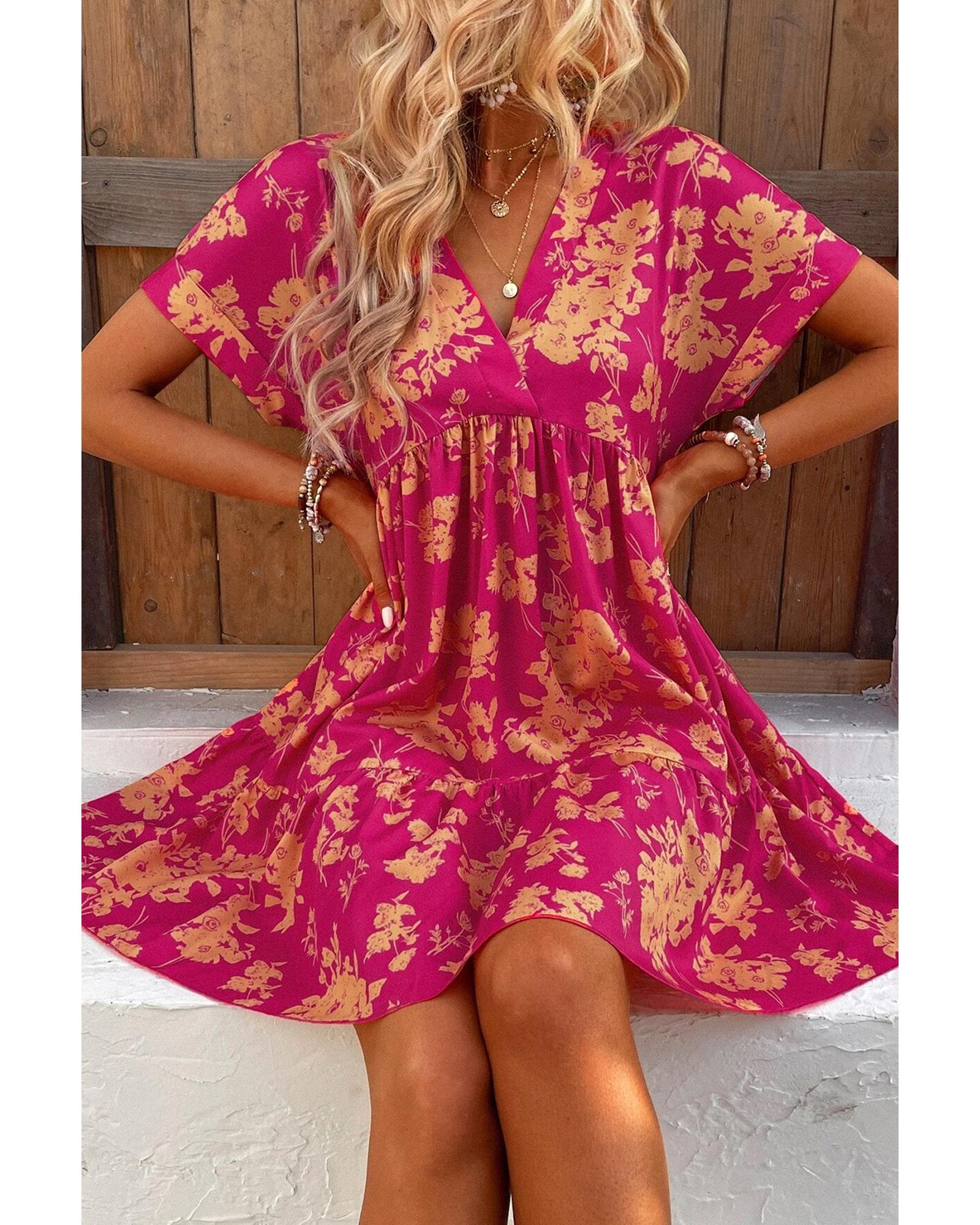 Rose Floral Print Batwing Sleeve Smock Dress - M 6
