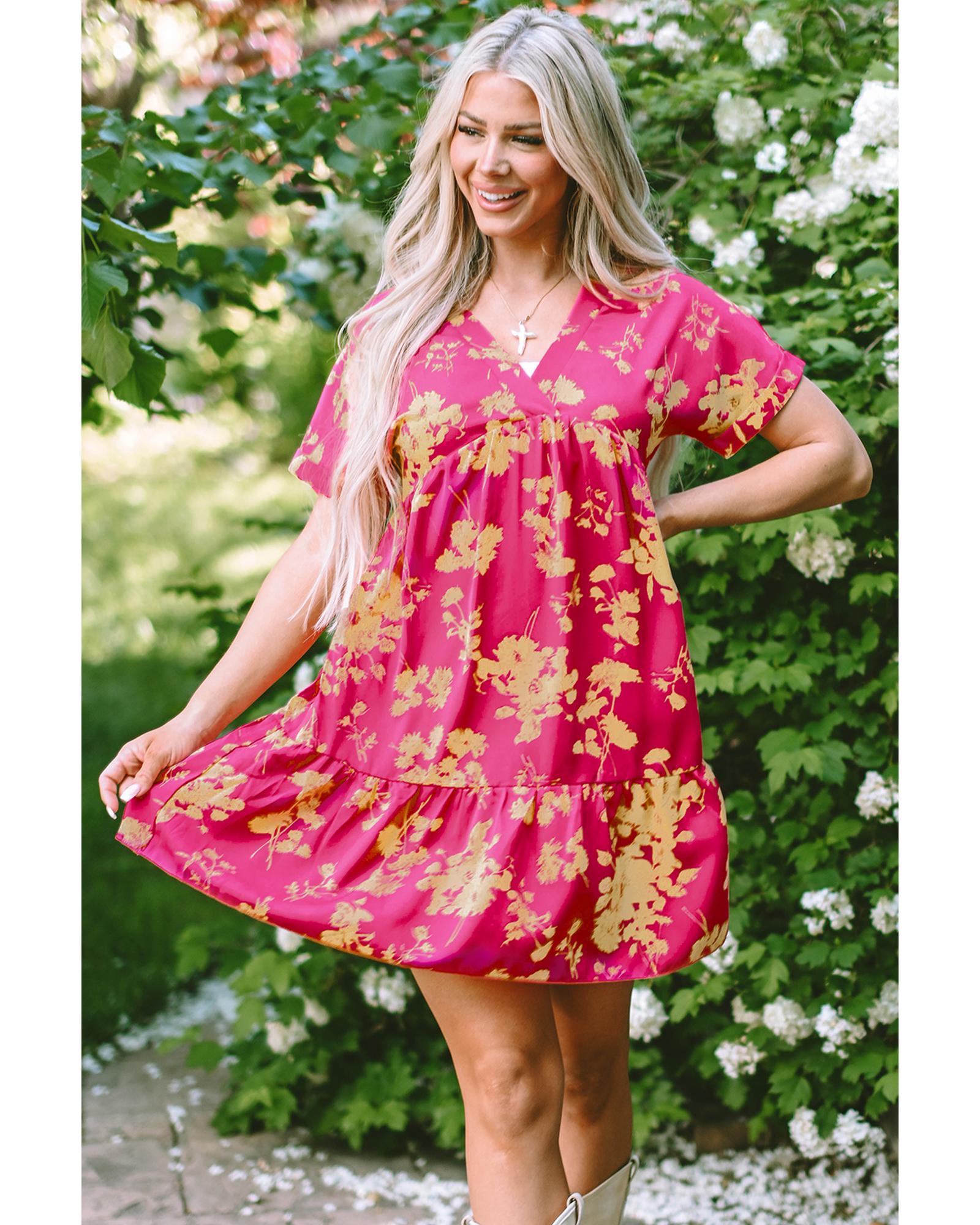 Rose Floral Print Batwing Sleeve Smock Dress - S