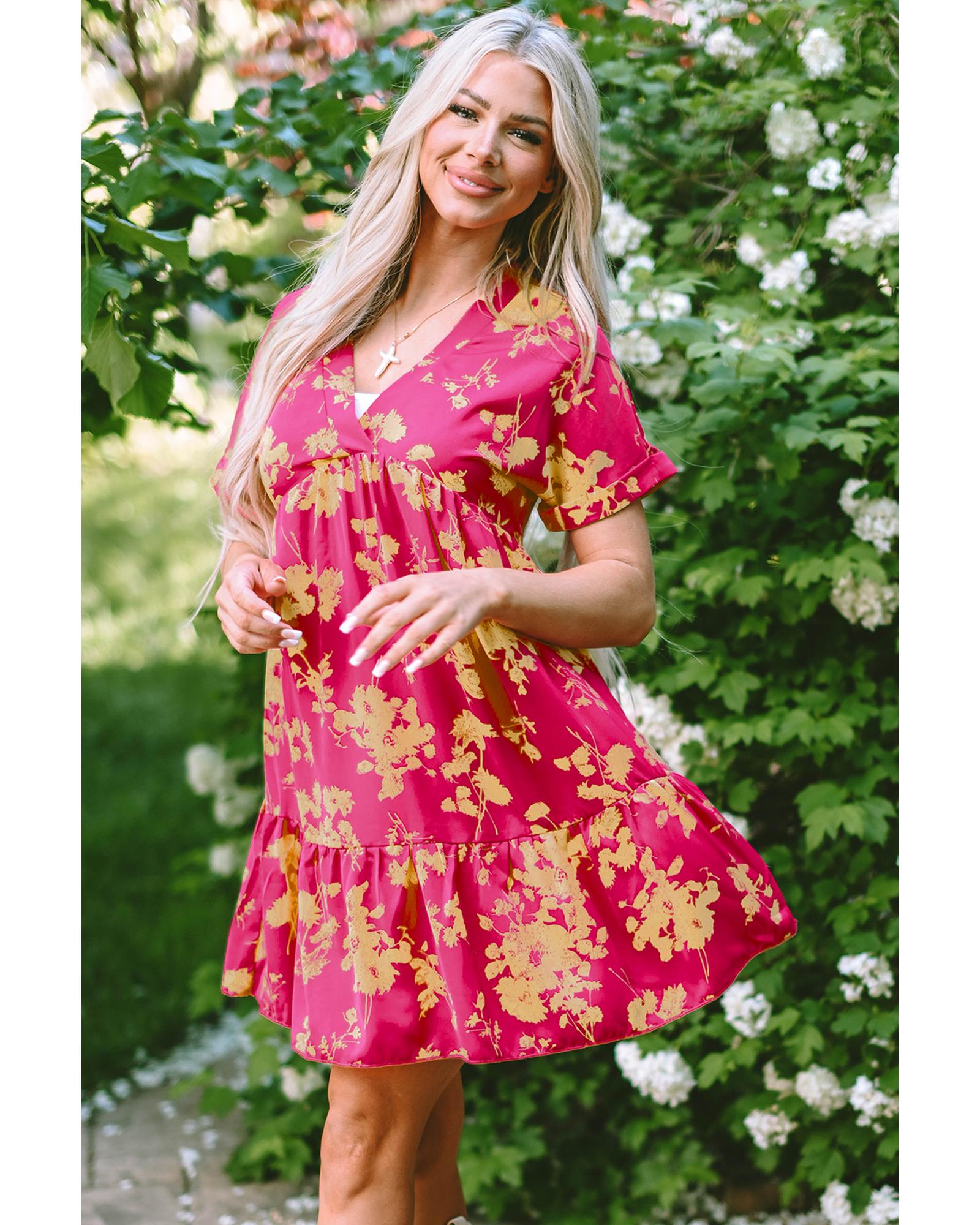 Rose Floral Print Batwing Sleeve Smock Dress - S