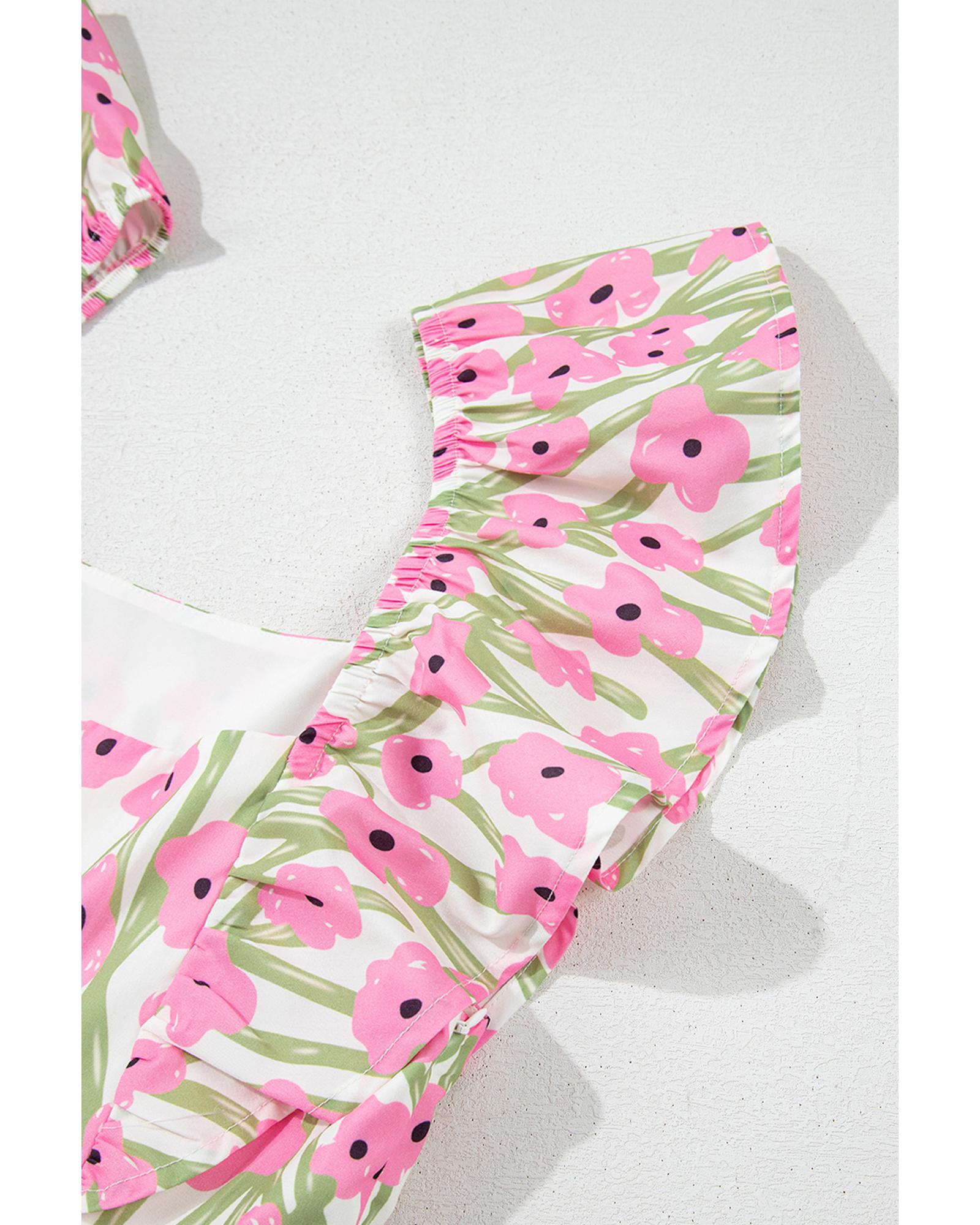 Pink Floral Print Square Neck Ruffled Strap Maxi Dress - 2XL