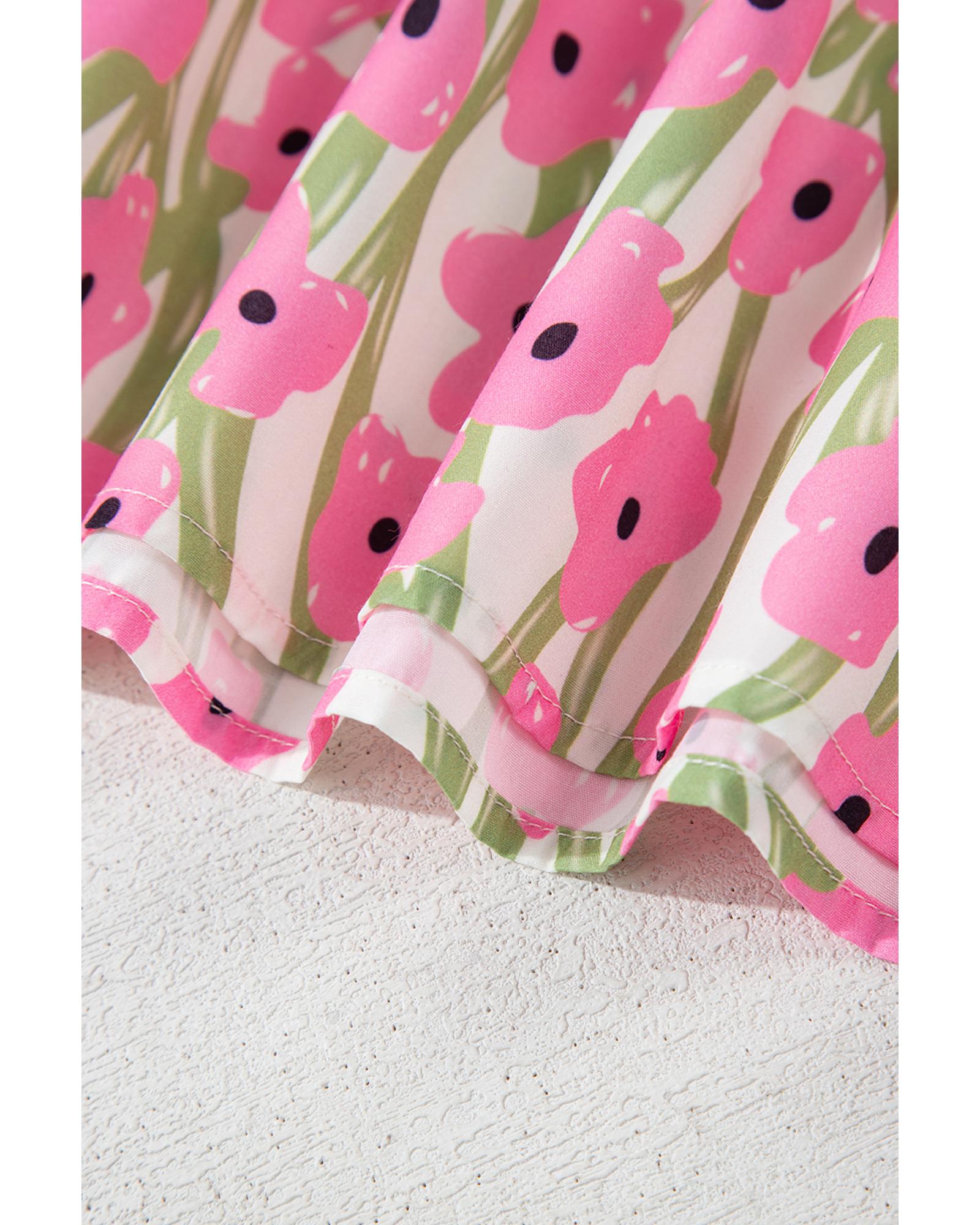 Pink Floral Print Square Neck Ruffled Strap Maxi Dress - 2XL