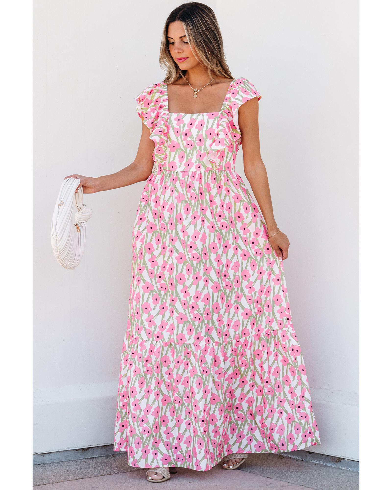 Pink Floral Print Square Neck Ruffled Strap Maxi Dress - M 3