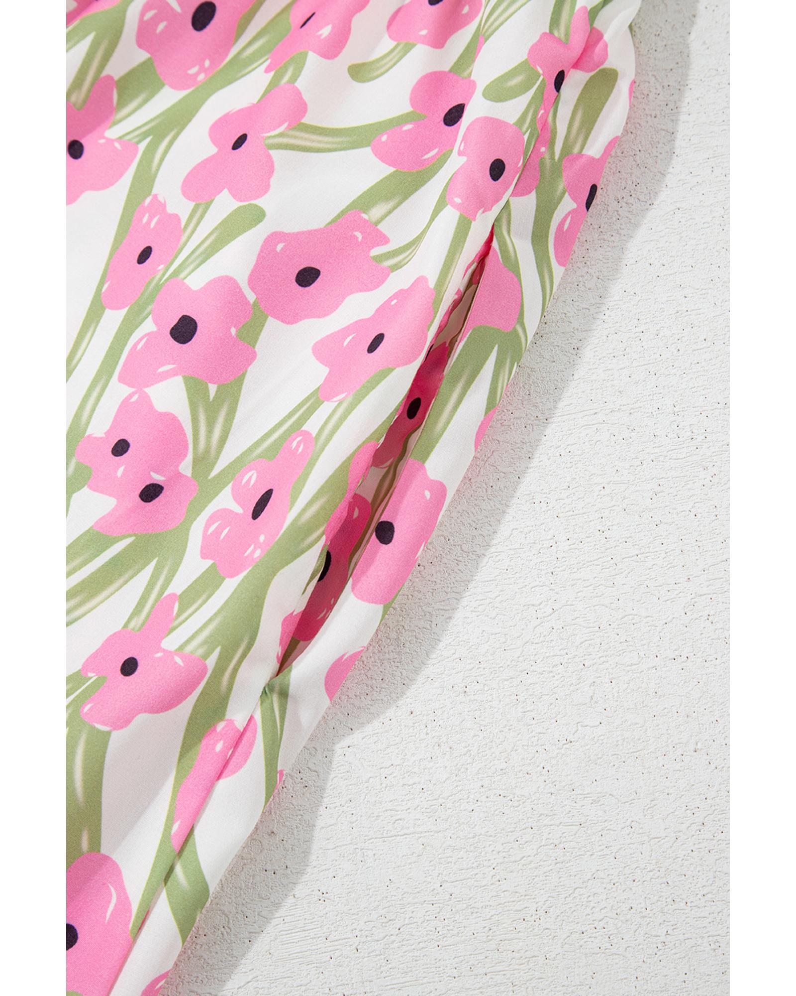 Pink Floral Print Square Neck Ruffled Strap Maxi Dress - M 6