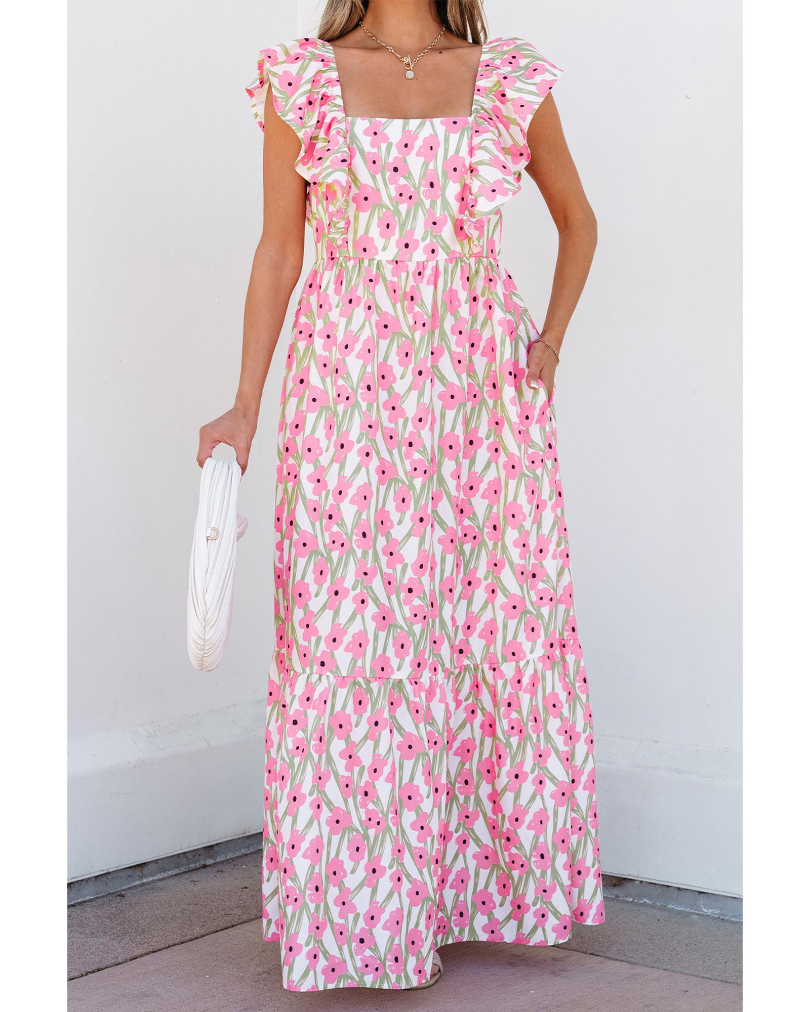 Pink Floral Print Square Neck Ruffled Strap Maxi Dress - XL 4