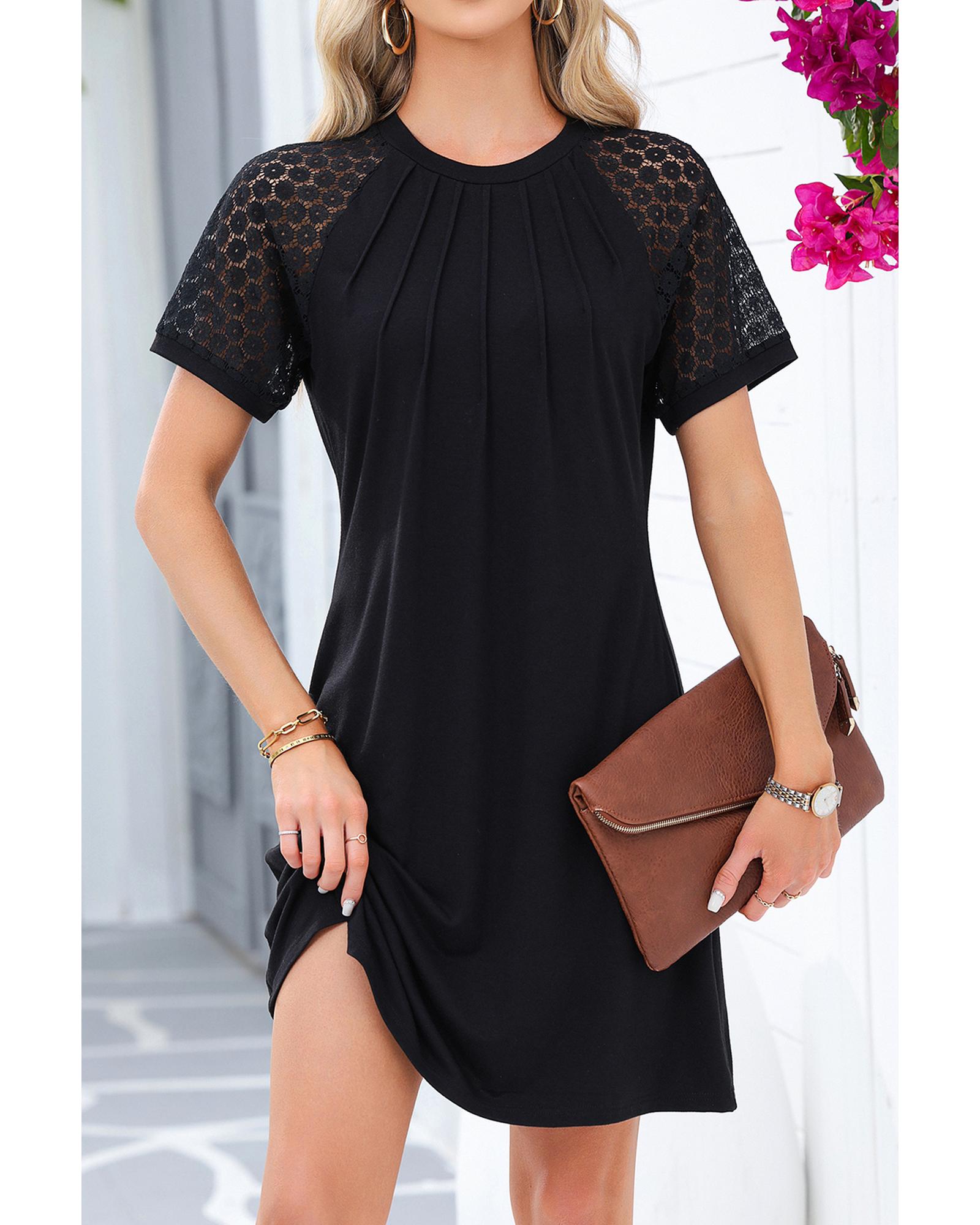 Black Contrast Lace Raglan Sleeve Pleated Detail Shift Dress - L 4