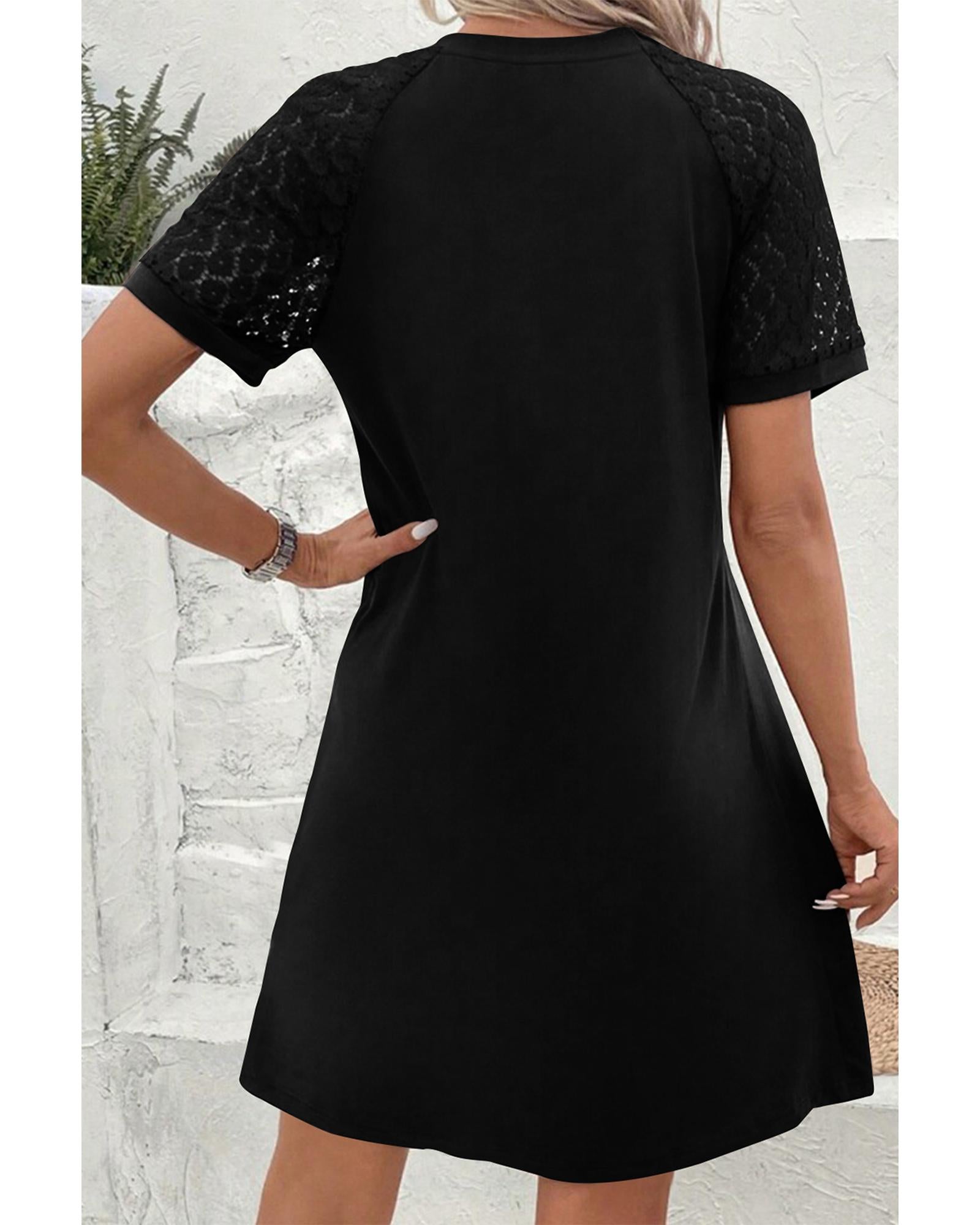 Black Contrast Lace Raglan Sleeve Pleated Detail Shift Dress - M