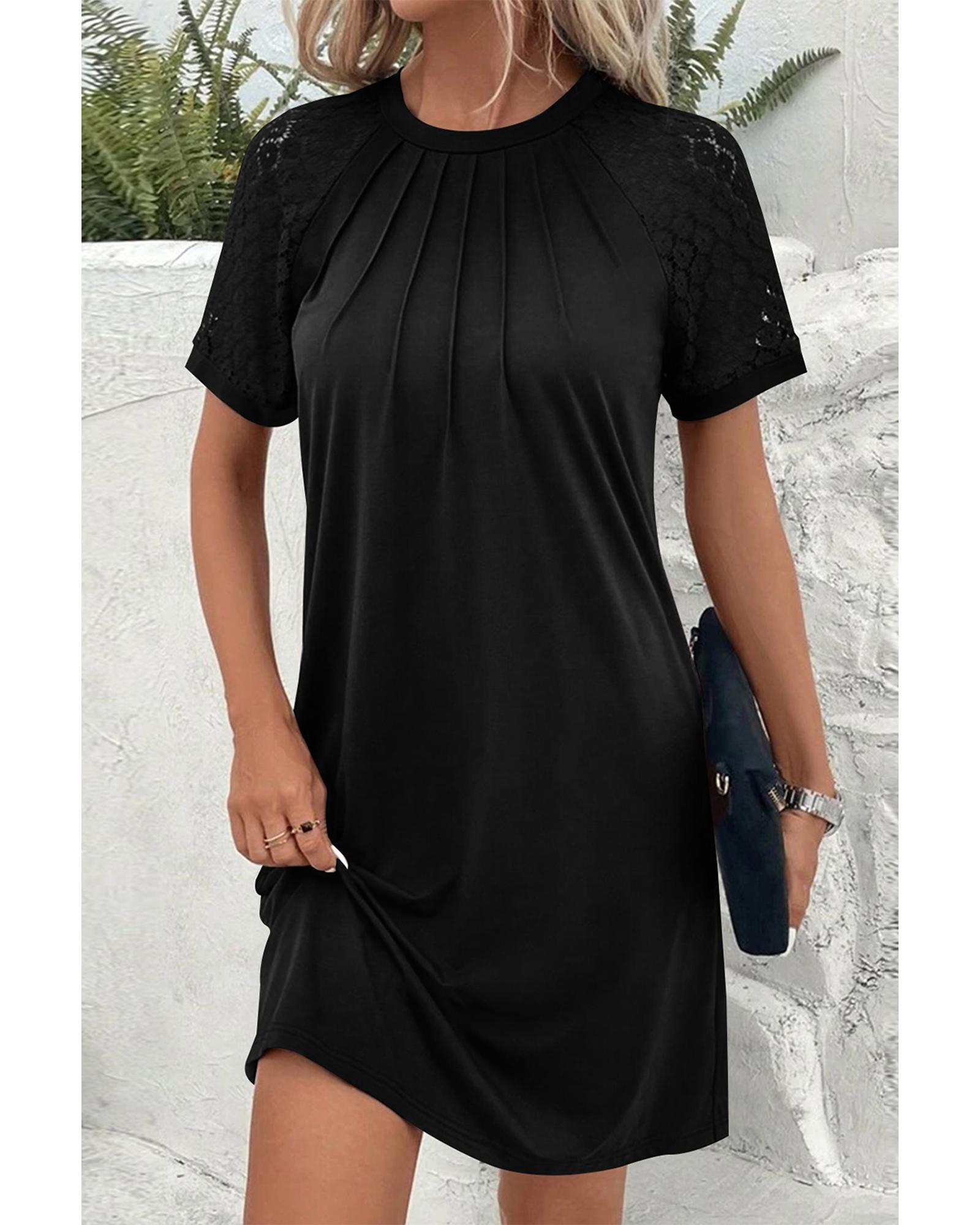 Black Contrast Lace Raglan Sleeve Pleated Detail Shift Dress - S