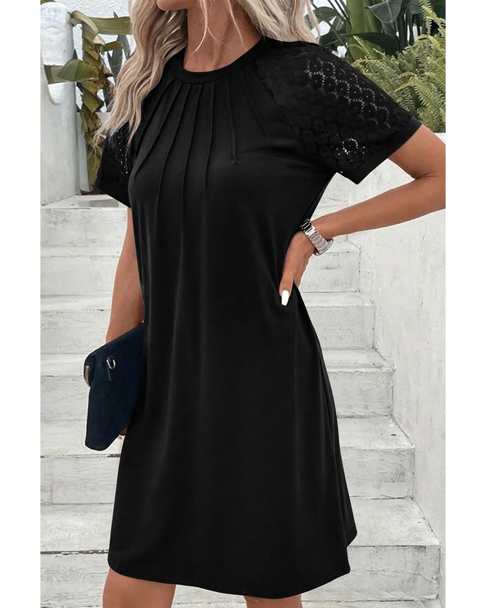 Black Contrast Lace Raglan Sleeve Pleated Detail Shift Dress - S 3