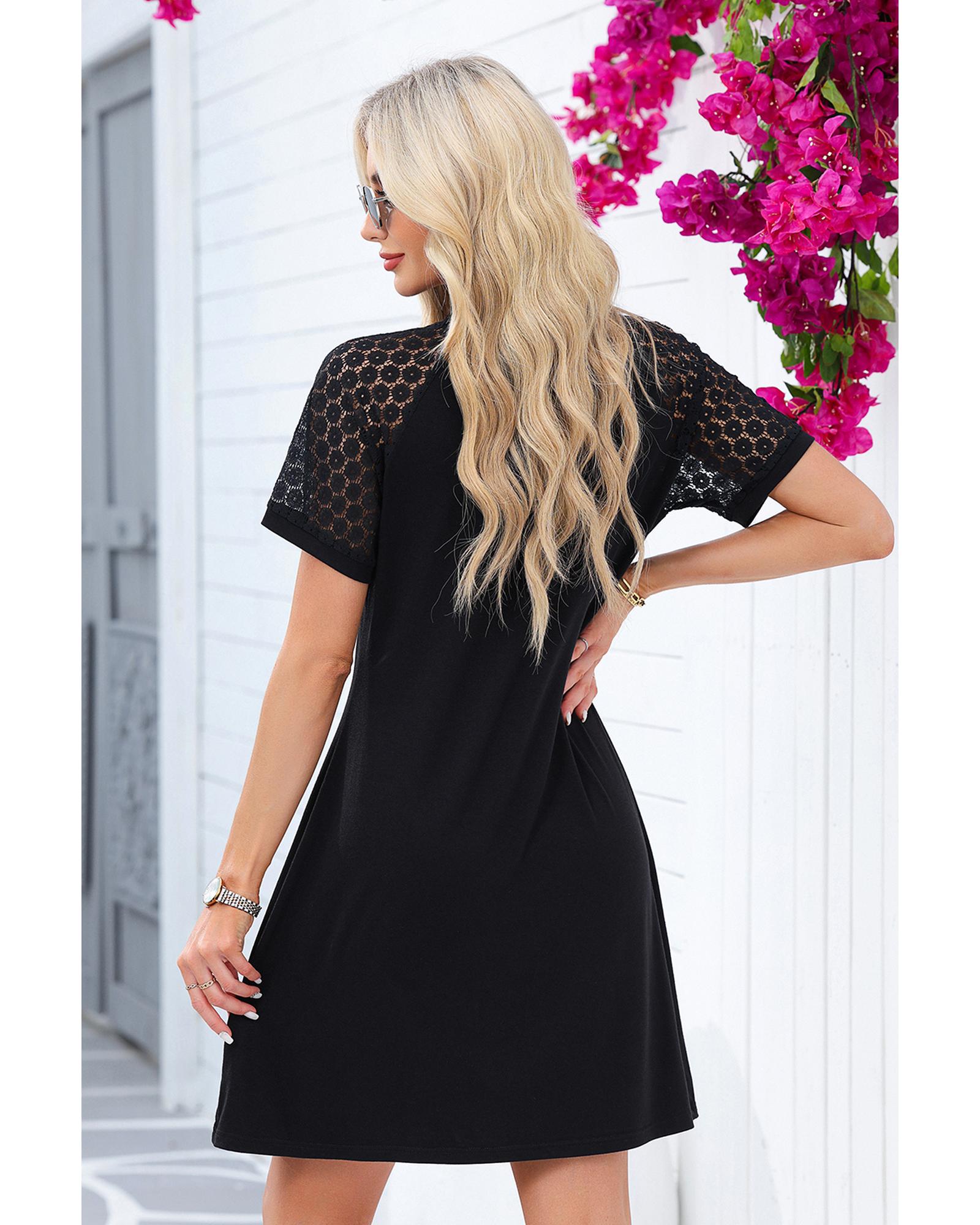 Black Contrast Lace Raglan Sleeve Pleated Detail Shift Dress - S 5