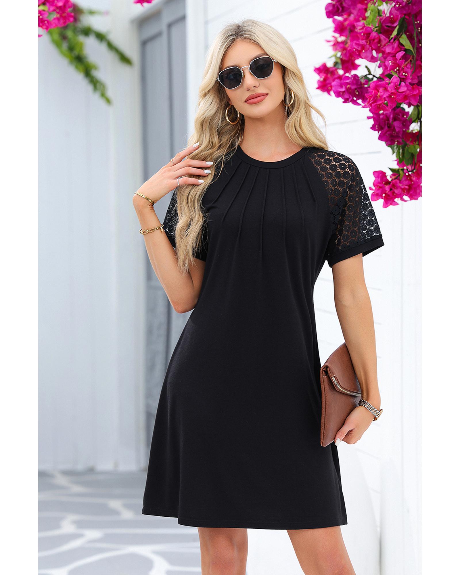 Black Contrast Lace Raglan Sleeve Pleated Detail Shift Dress - XL 7