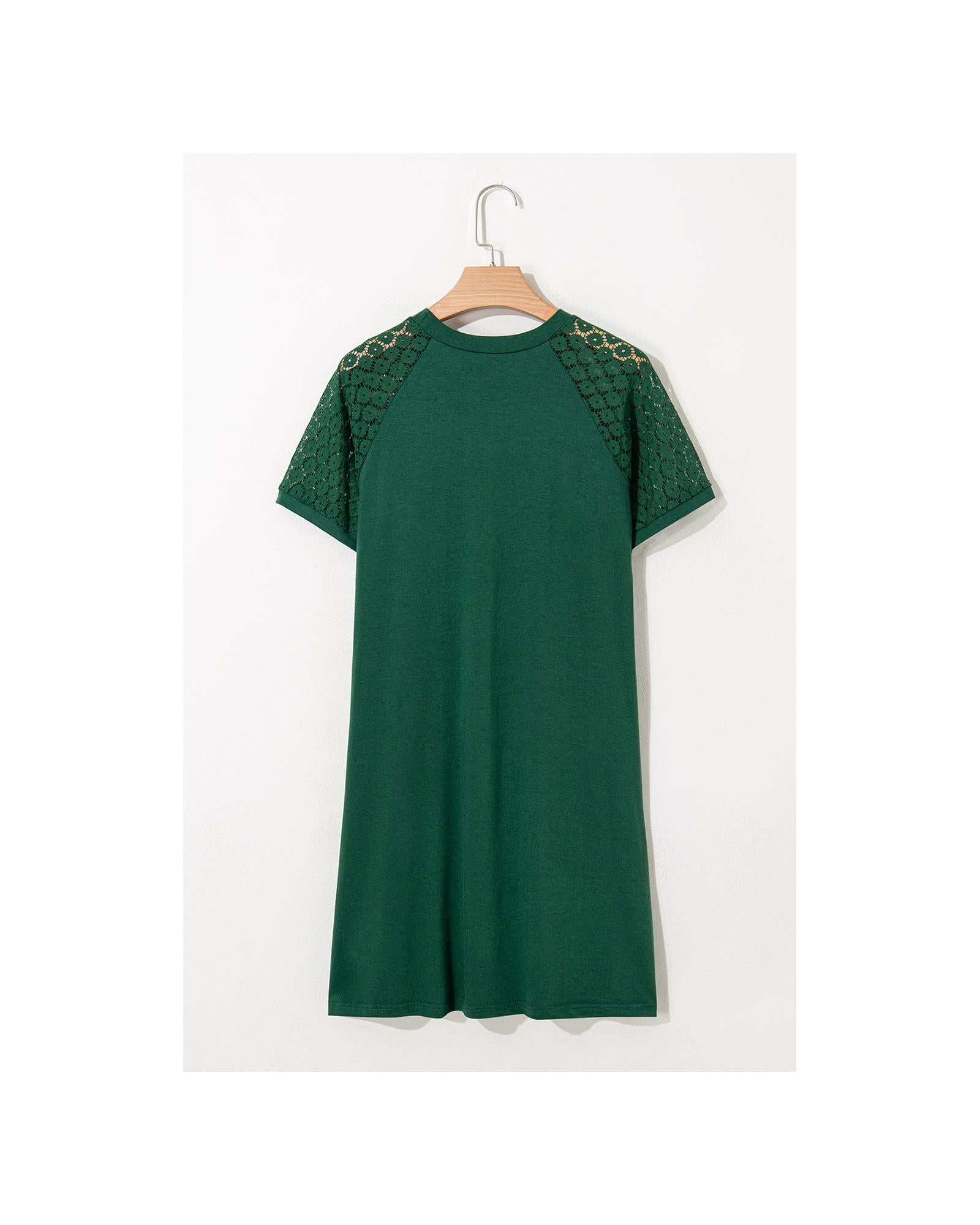 Green Contrast Lace Raglan Sleeve Pleated Detail Shift Dress - 2XL 5