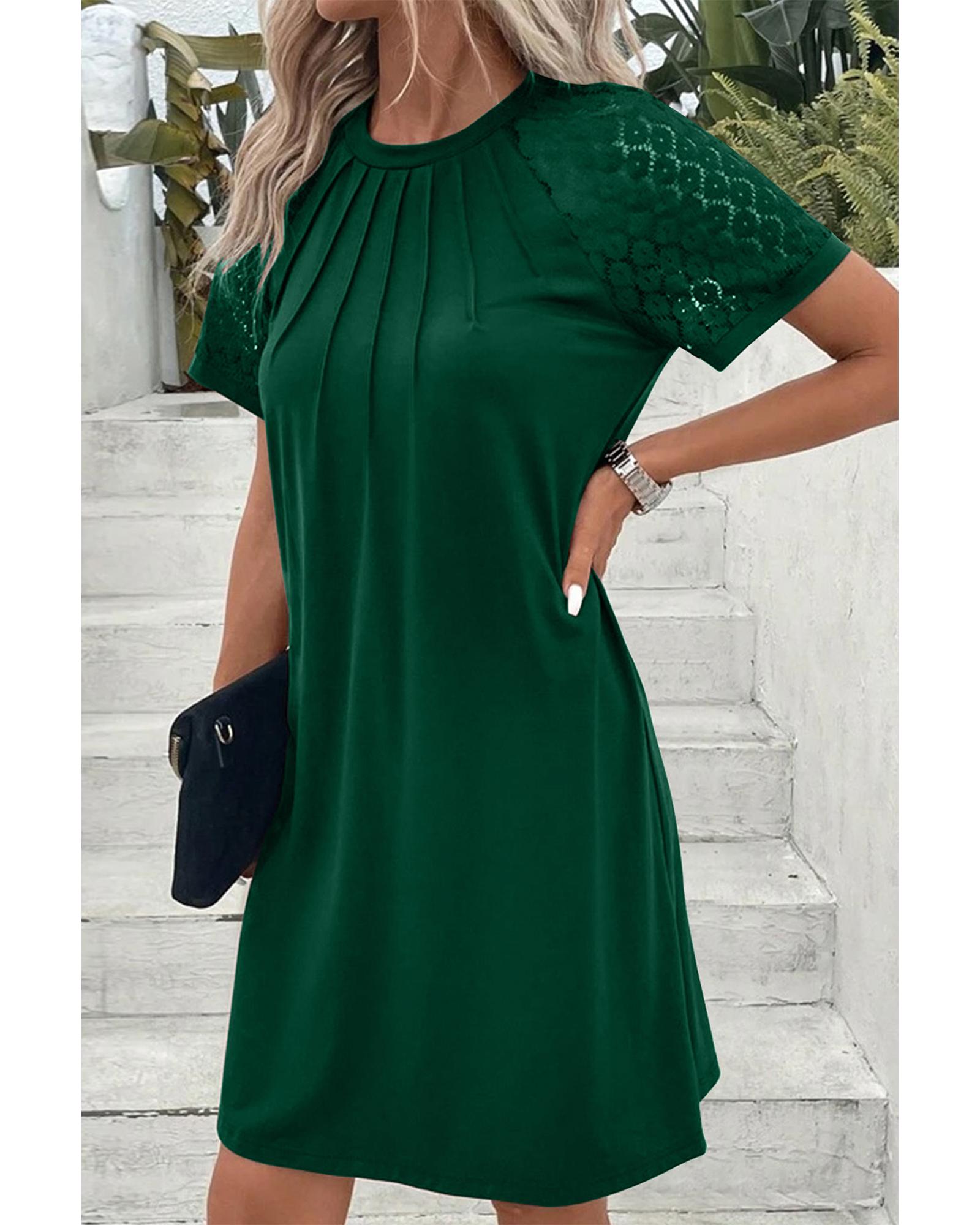 Green Contrast Lace Raglan Sleeve Pleated Detail Shift Dress - L 3