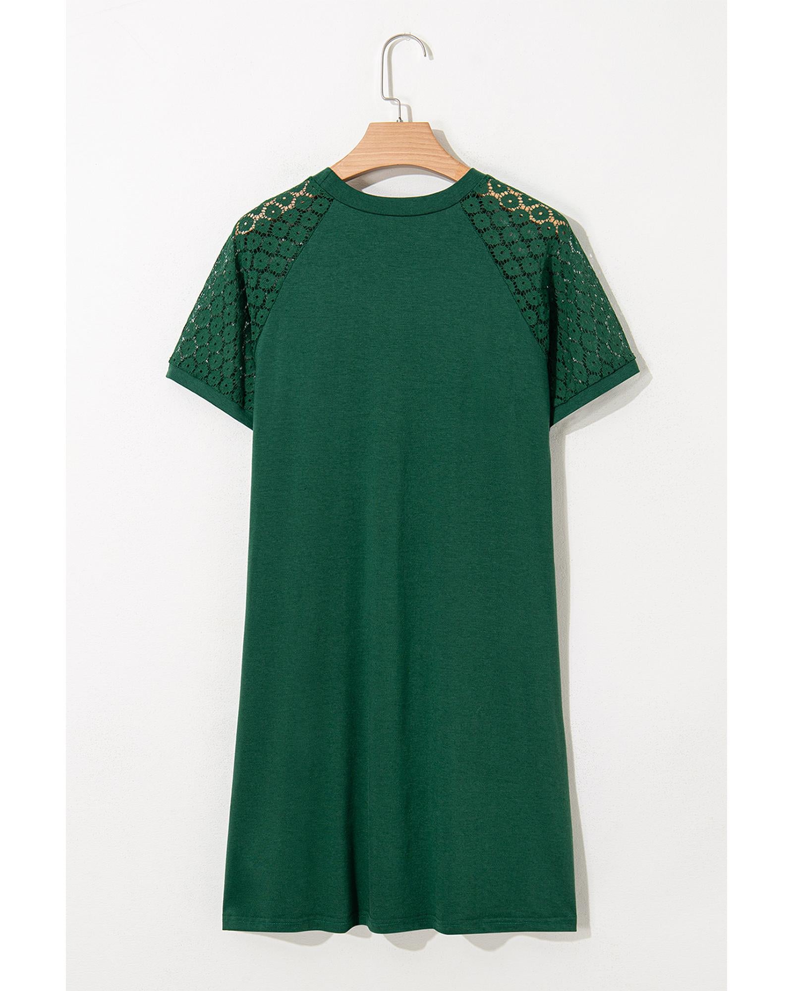 Green Contrast Lace Raglan Sleeve Pleated Detail Shift Dress - L 5