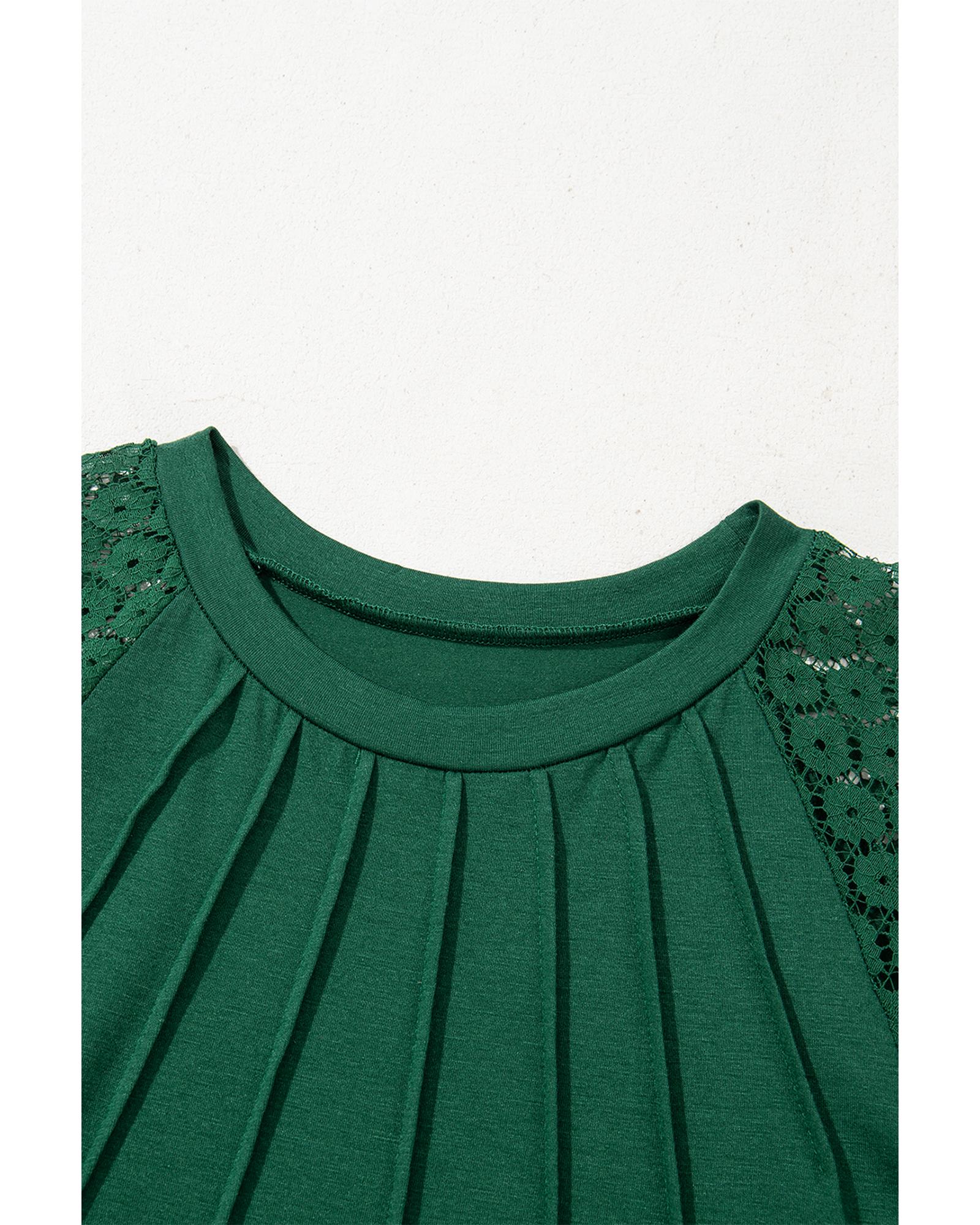 Green Contrast Lace Raglan Sleeve Pleated Detail Shift Dress - L 6