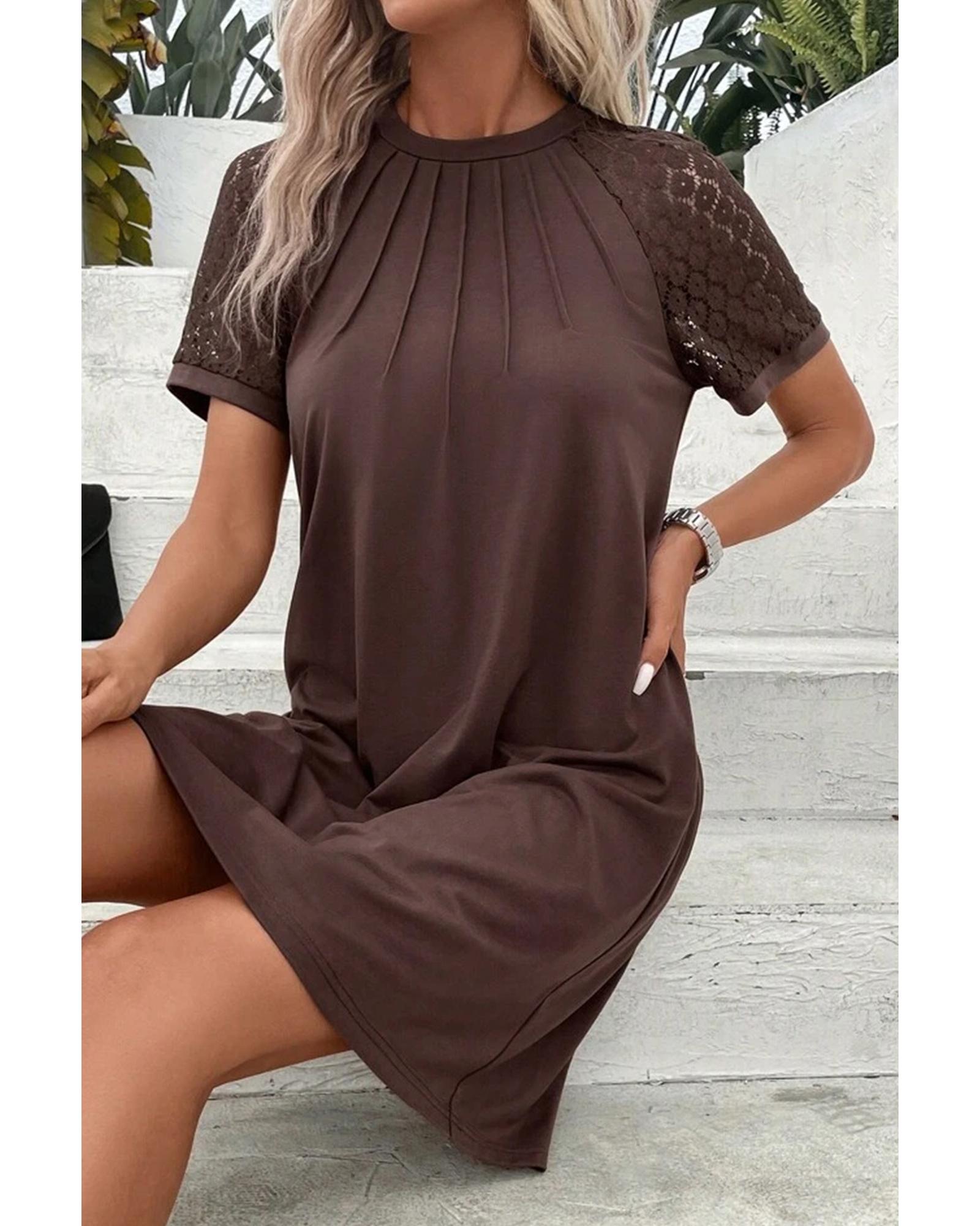 Dark Brown Contrast Lace Raglan Sleeve Pleated Detail Shift Dress - 2XL 4