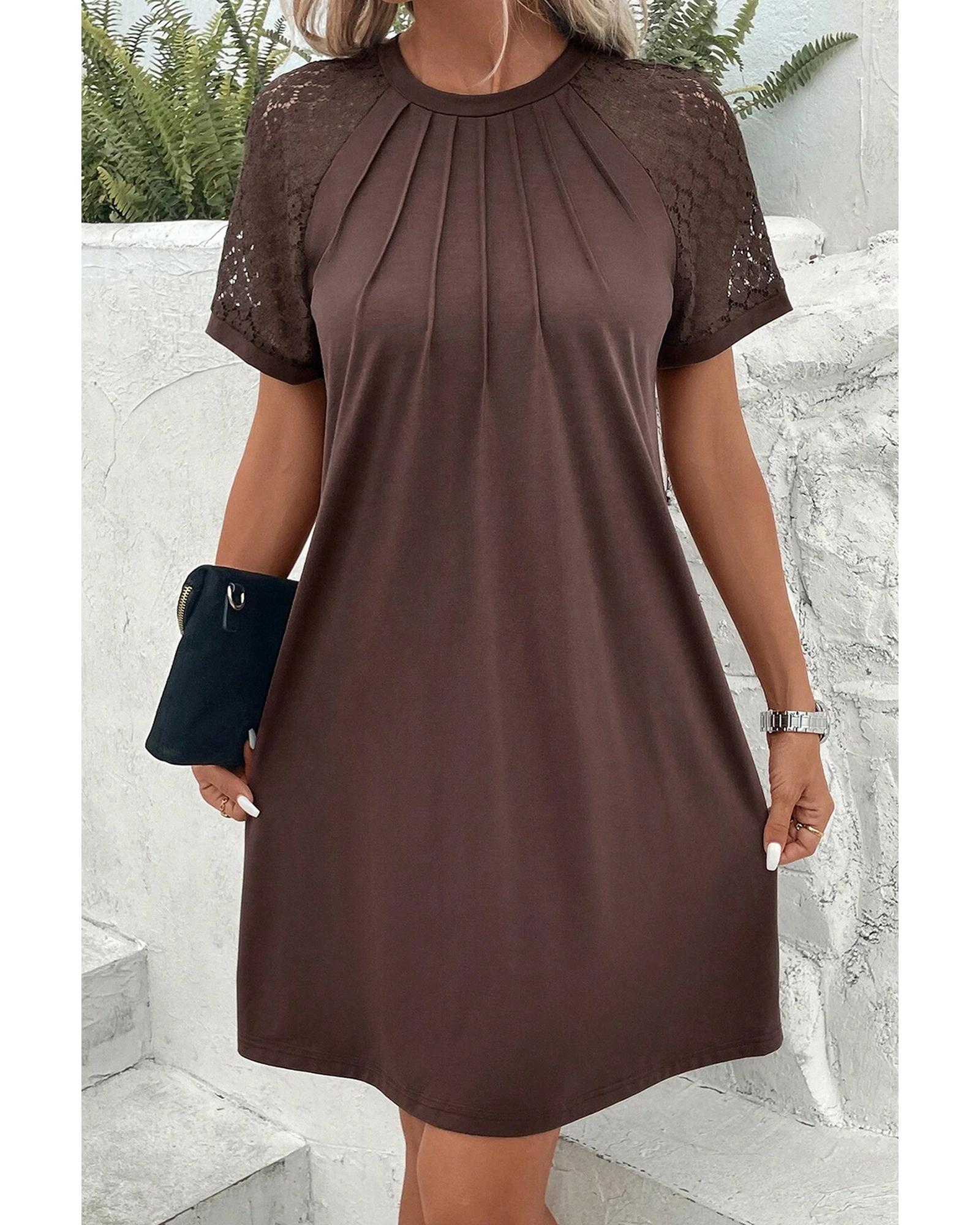 Dark Brown Contrast Lace Raglan Sleeve Pleated Detail Shift Dress - 2XL 5
