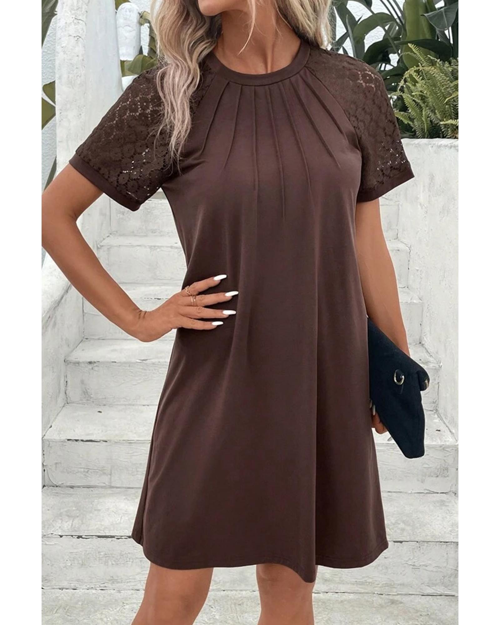 Dark Brown Contrast Lace Raglan Sleeve Pleated Detail Shift Dress - 2XL 6