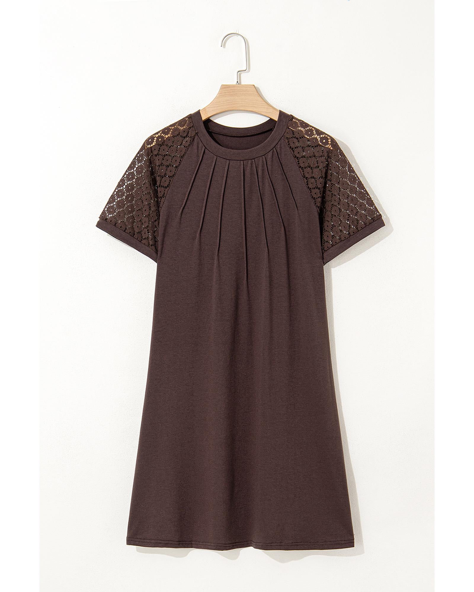 Dark Brown Contrast Lace Raglan Sleeve Pleated Detail Shift Dress - 2XL 7