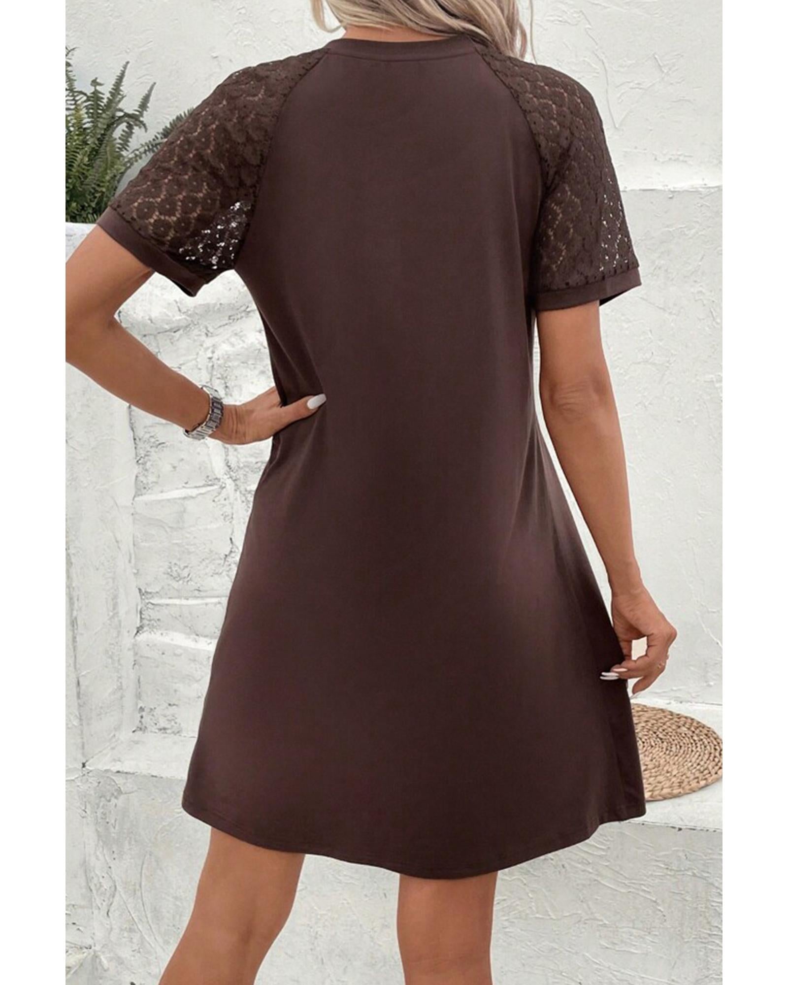 Dark Brown Contrast Lace Raglan Sleeve Pleated Detail Shift Dress - M