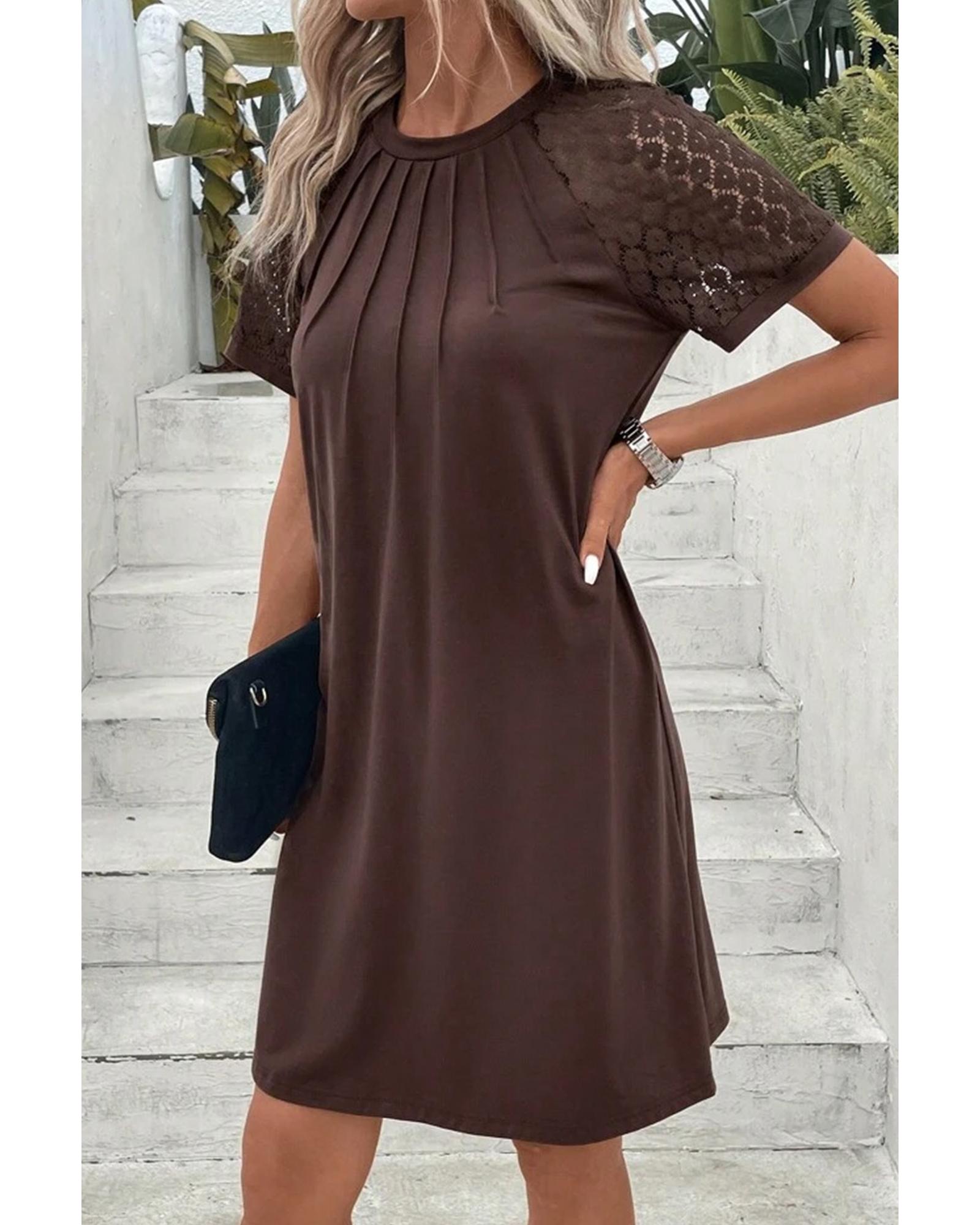 Dark Brown Contrast Lace Raglan Sleeve Pleated Detail Shift Dress - M 3