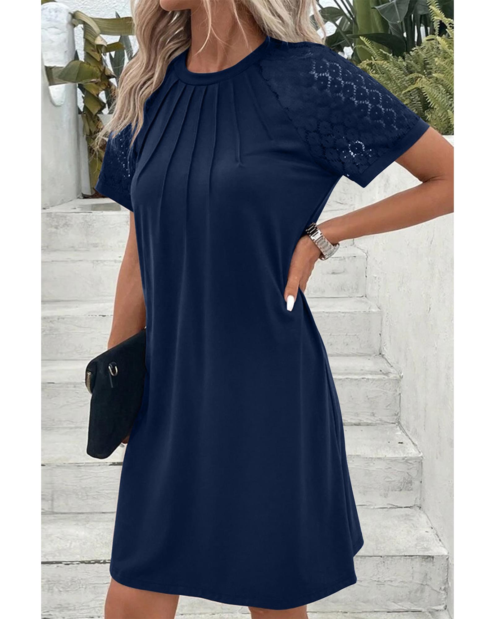 Navy Blue Contrast Lace Raglan Sleeve Pleated Detail Shift Dress - L 3