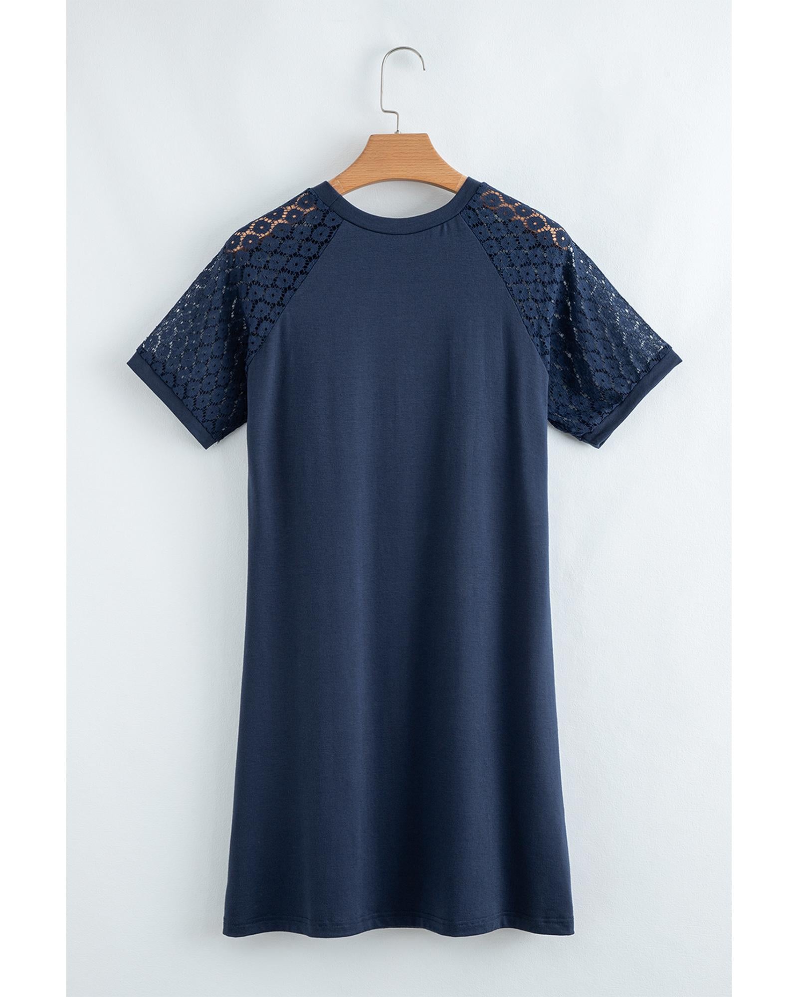 Navy Blue Contrast Lace Raglan Sleeve Pleated Detail Shift Dress - L 5