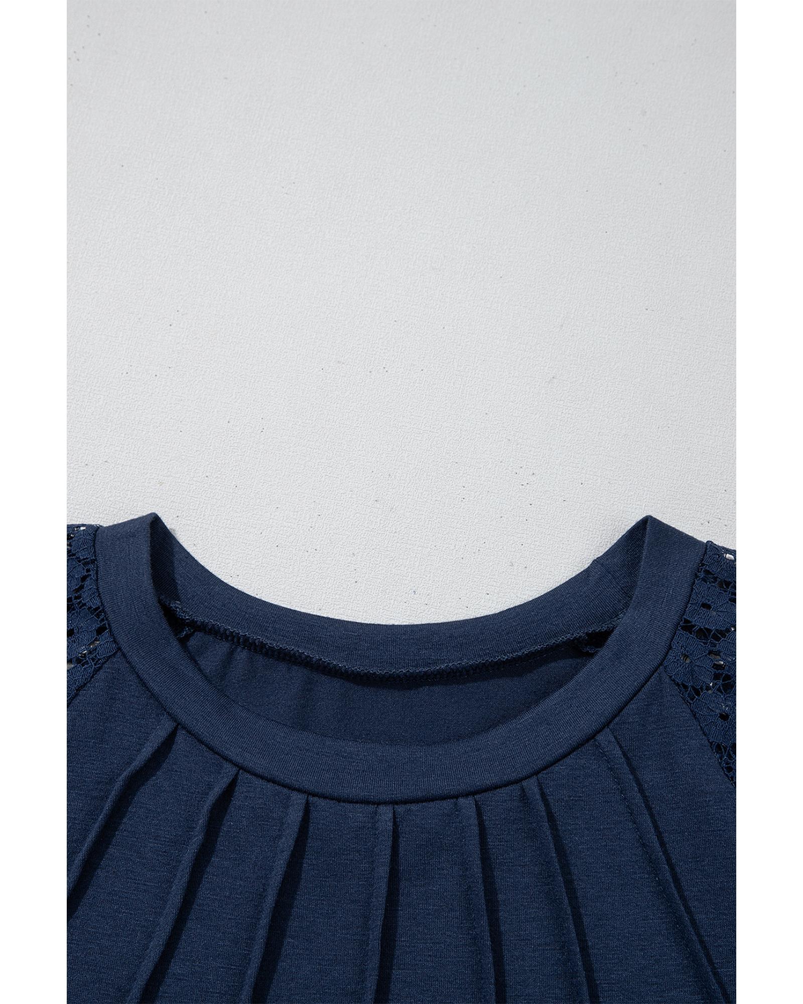 Navy Blue Contrast Lace Raglan Sleeve Pleated Detail Shift Dress - M 5