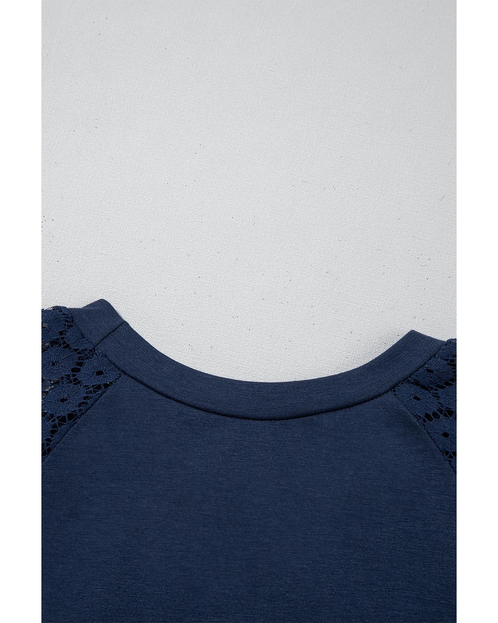 Navy Blue Contrast Lace Raglan Sleeve Pleated Detail Shift Dress - M 6