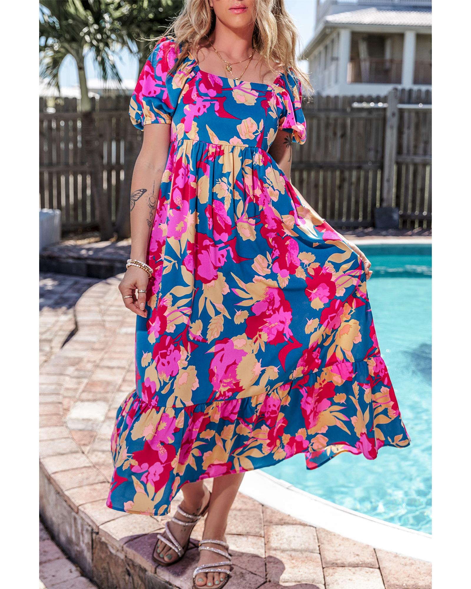 Dark Blue Square Neck Bubble Sleeve Ruffled Floral Dress - L 4