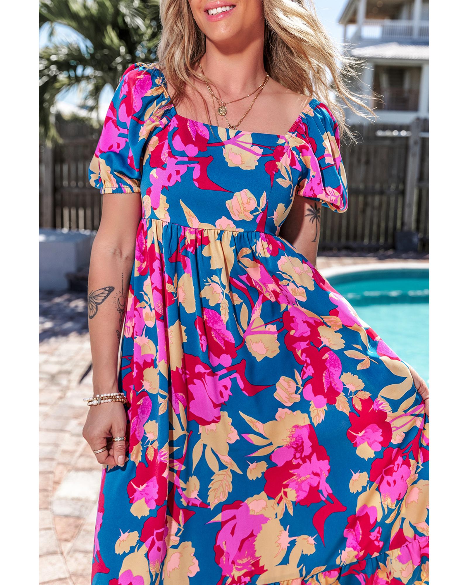Dark Blue Square Neck Bubble Sleeve Ruffled Floral Dress - L 5